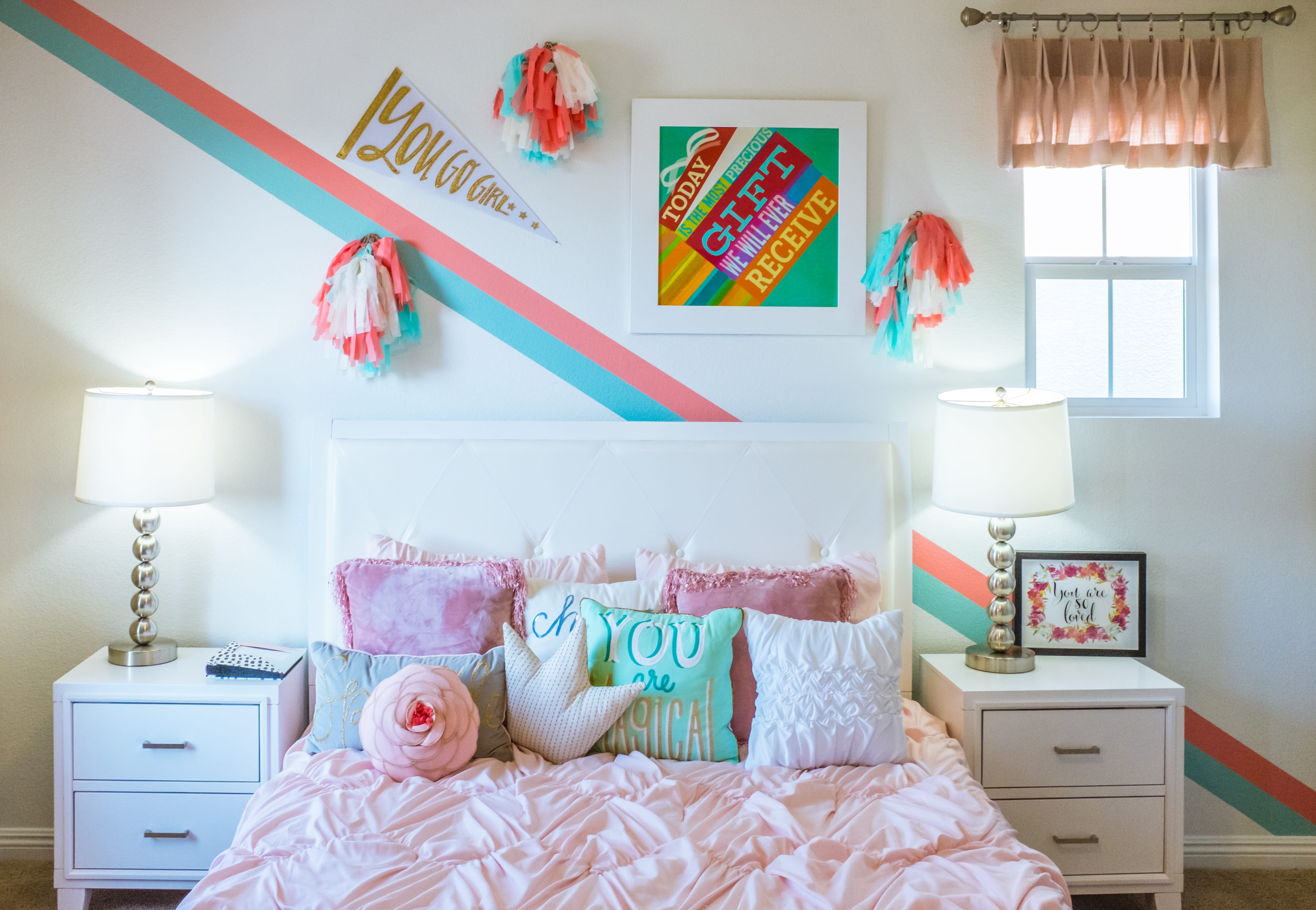 wooden, print, comforter, curtain, lamp, home, art, nightstands, home interior, lighting equipment, day, home showcase interior, 4K, stripes, pink, window, HD Wallpaper
