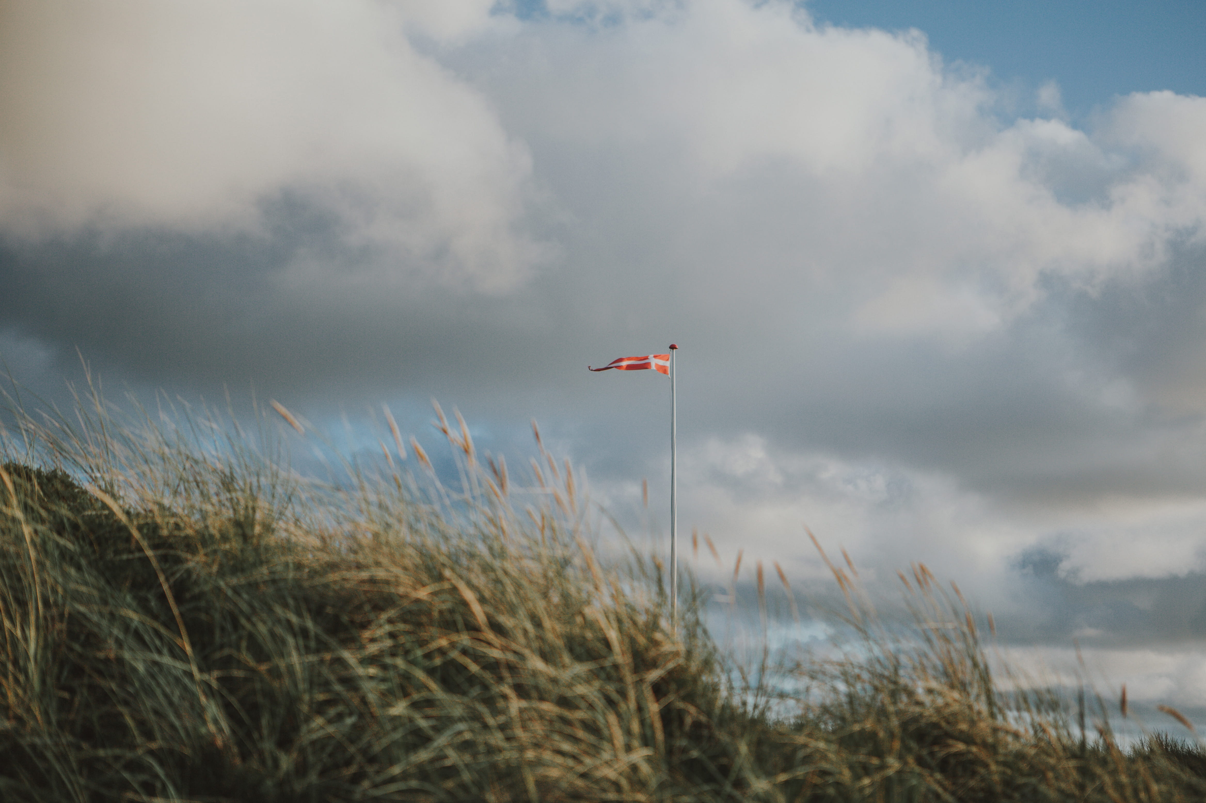 pennant, løkken, beauty in nature, 4K, green, field, tranquility, denmark, day, scenics - nature, sky, no people, cloud, grassland, orange, white, tranquil scene, HD Wallpaper