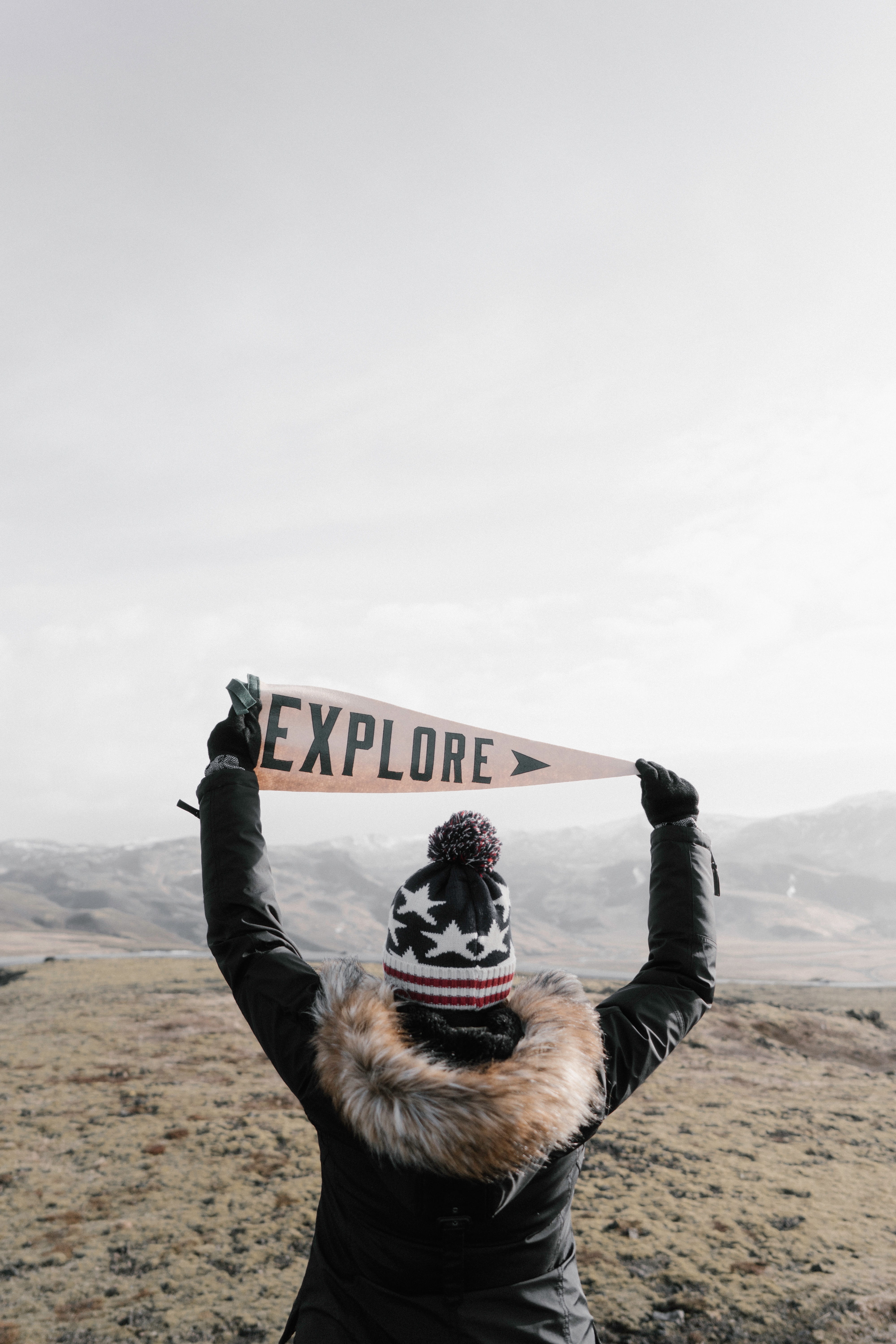 landscape, nature, text, travel, pennant, environment, sky, people, mouth open, pets, copy space, 5K, western script, outdoors, peak, explore, one animal, Phone HD Wallpaper