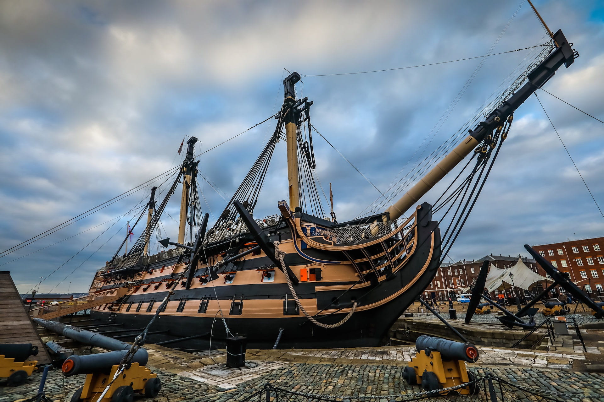 victory, sailboat, no people, harbor, mode of transportation, transportation, mast, commercial dock, pole, rigging, rope, ship, cannon, cloud - sky, sea, HD Wallpaper