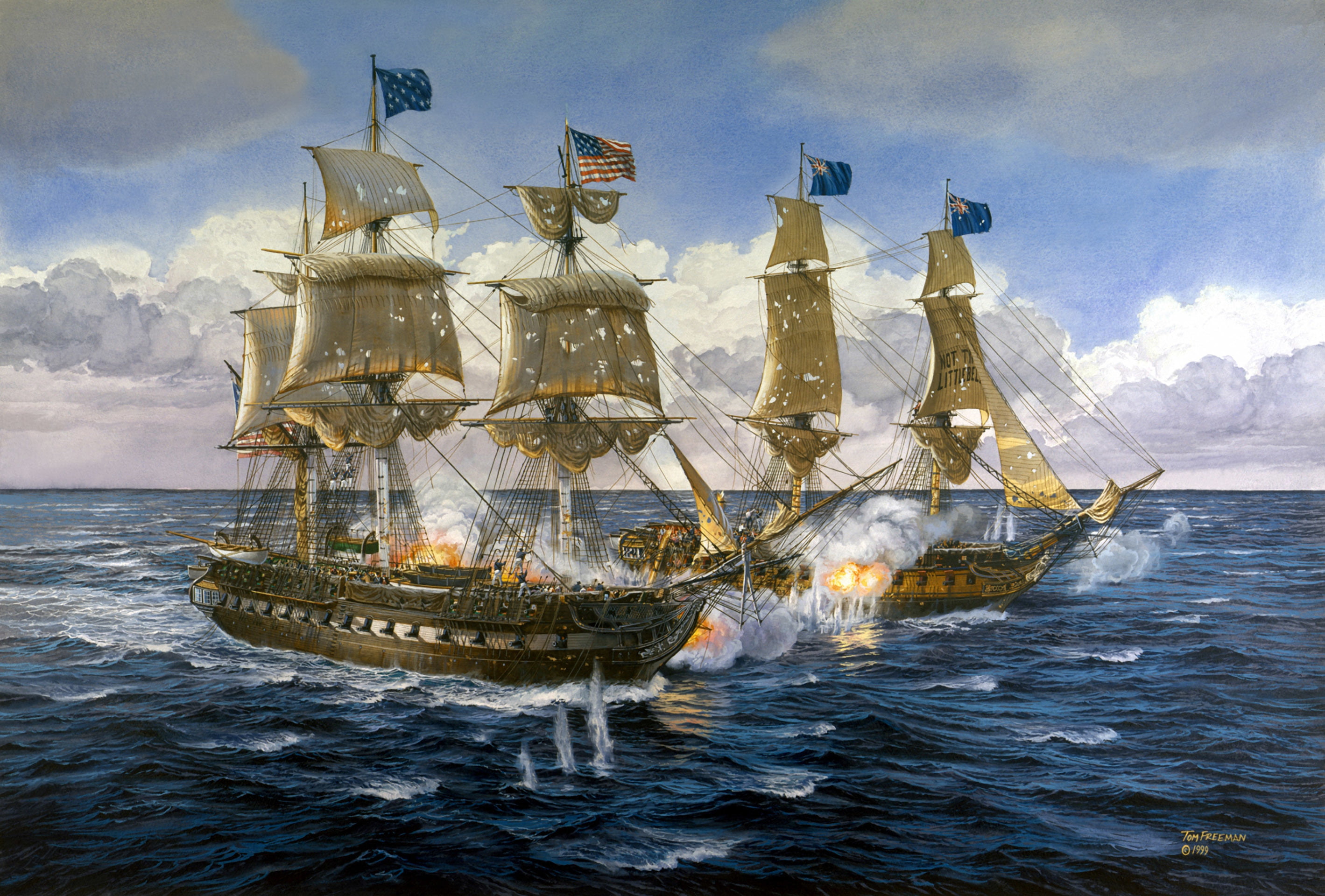 battle, sky, 2K, no people, cloud - sky, painting, brown, outdoors, illustration, ships, artist, nature, water, waterfront, Tom Freeman., guns, bursts, HD Wallpaper