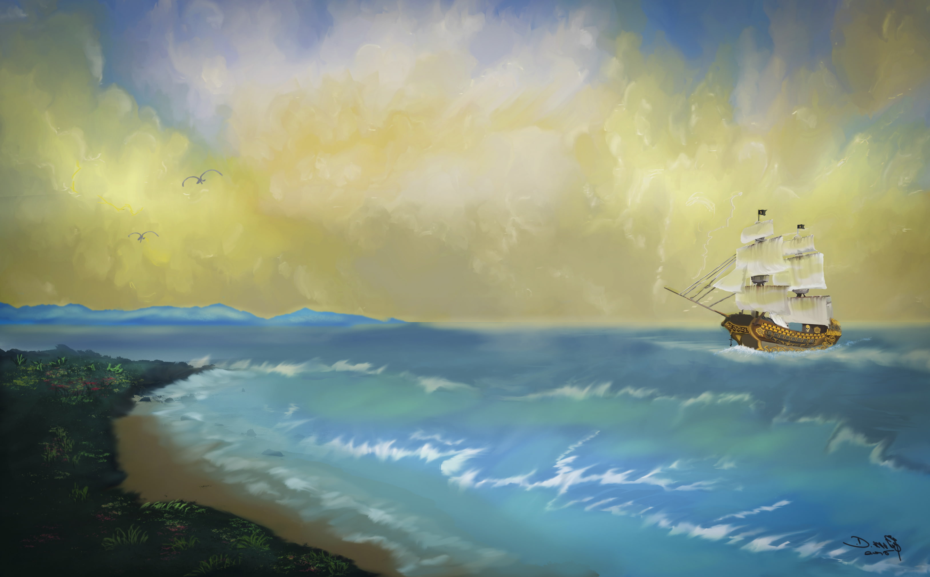 sea, 2K, seagulls, ship, art, galleon, white, shore, wave, the sky, painting, HD Wallpaper