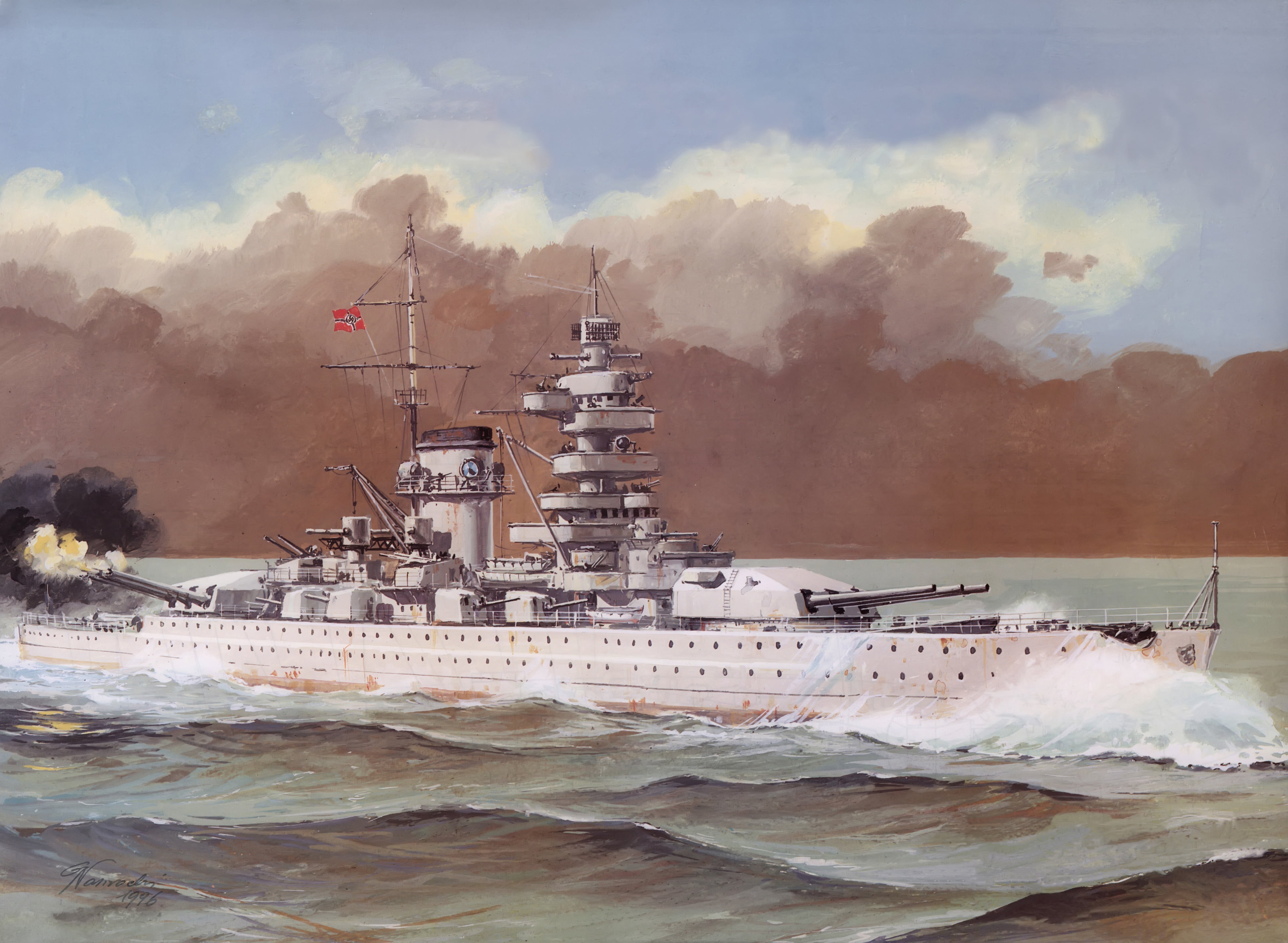 sea, cloud - sky, art, The great Patriotic war., outdoors, sky, ship, water, painting, smoke, transportation, nature, battle, white, shot, nautical vessel, HD Wallpaper
