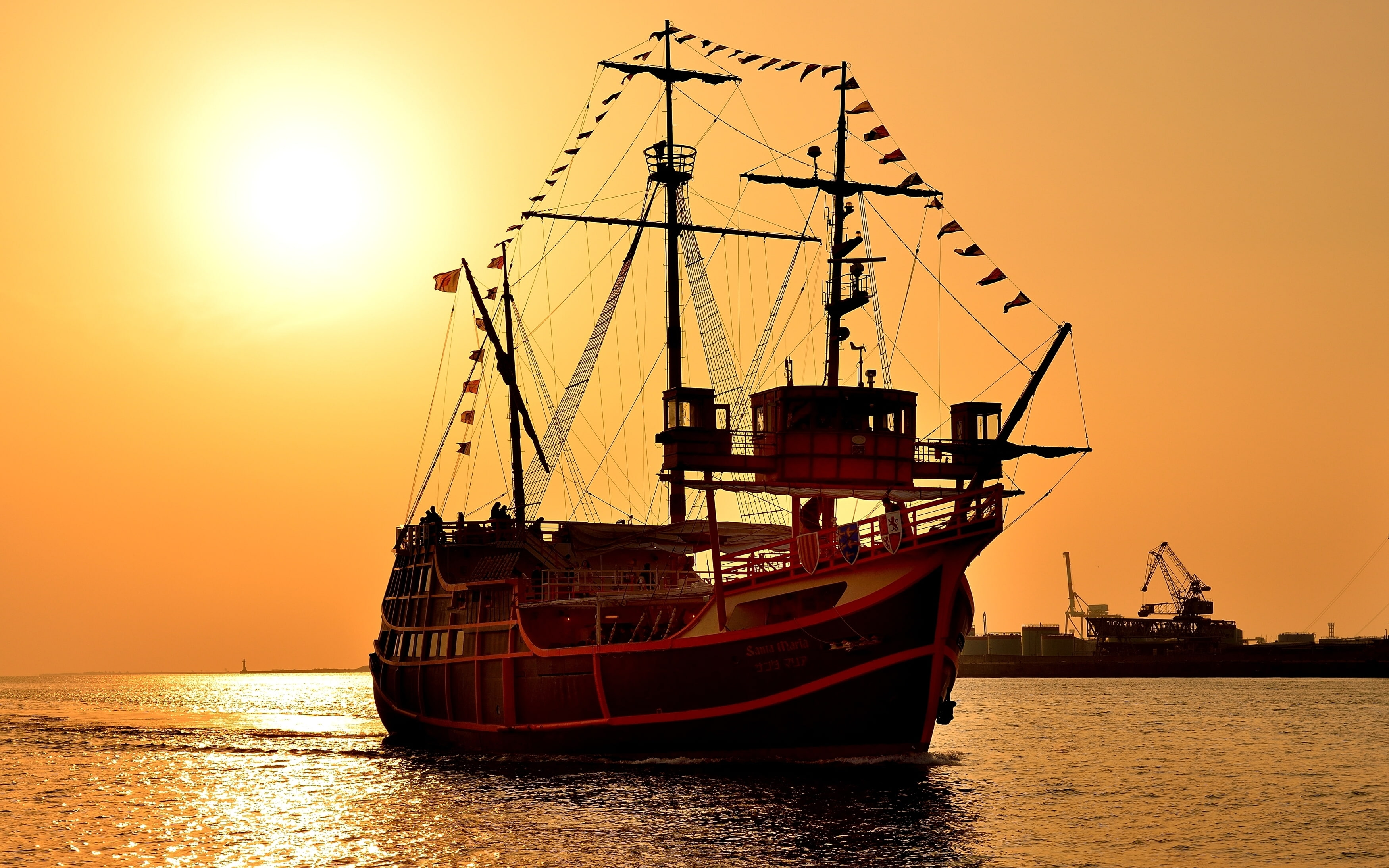 sailboat, Santa Maria, 2K, three-masted Carrack, sunset, HD Wallpaper