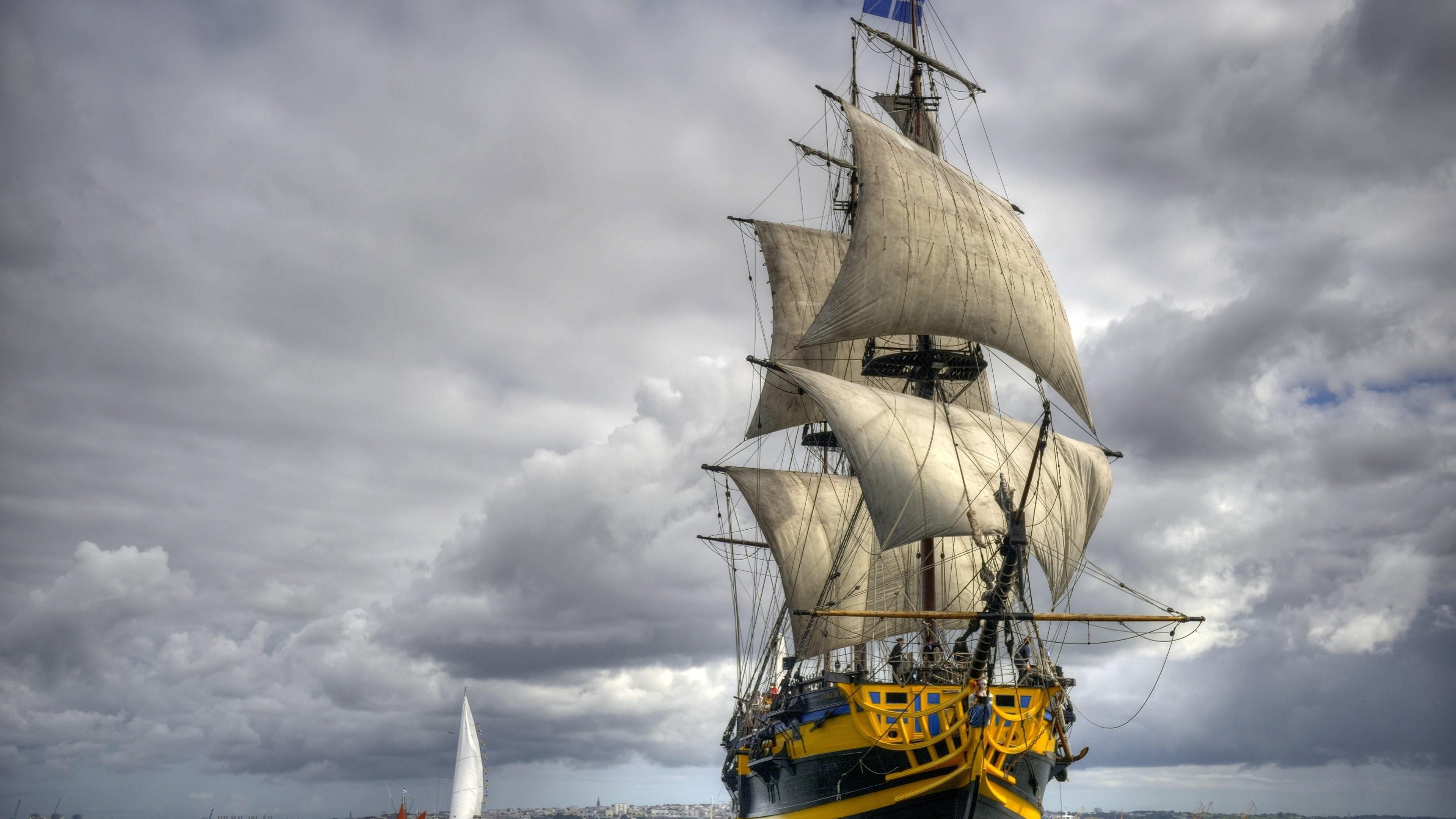 sailing ship, tall ship, sailing, no people, low angle view, schooner, cloud - sky, rigging, 4K, water, ominous, clouds, transportation, mode of transportation, HD Wallpaper