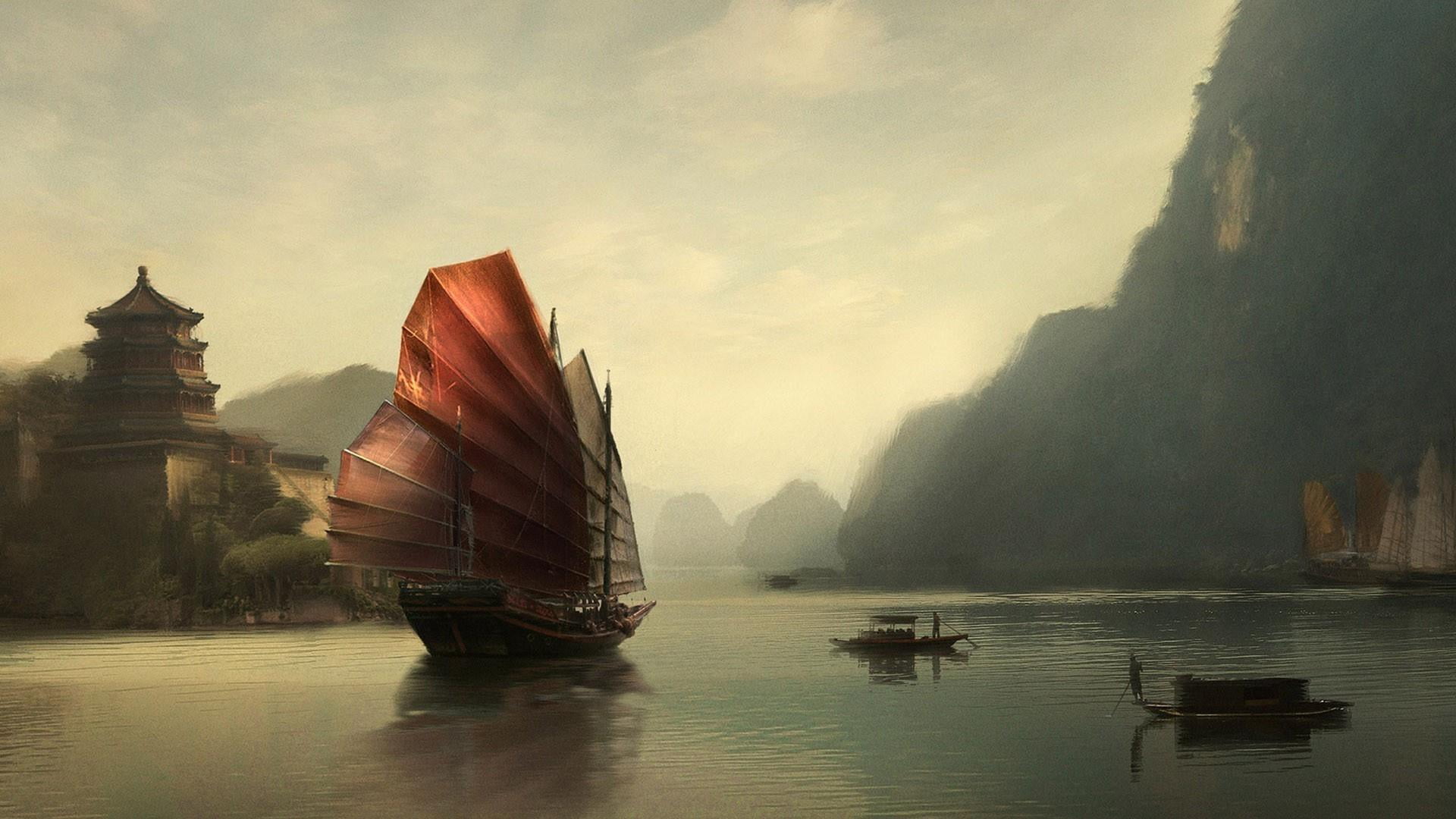 sailboat, schooner, sea, old china, tranquil scene, dream, fantasy art, day, sailing, scenics - nature, fog, boat, waterfront, outdoors, sky, landscape, HD Wallpaper