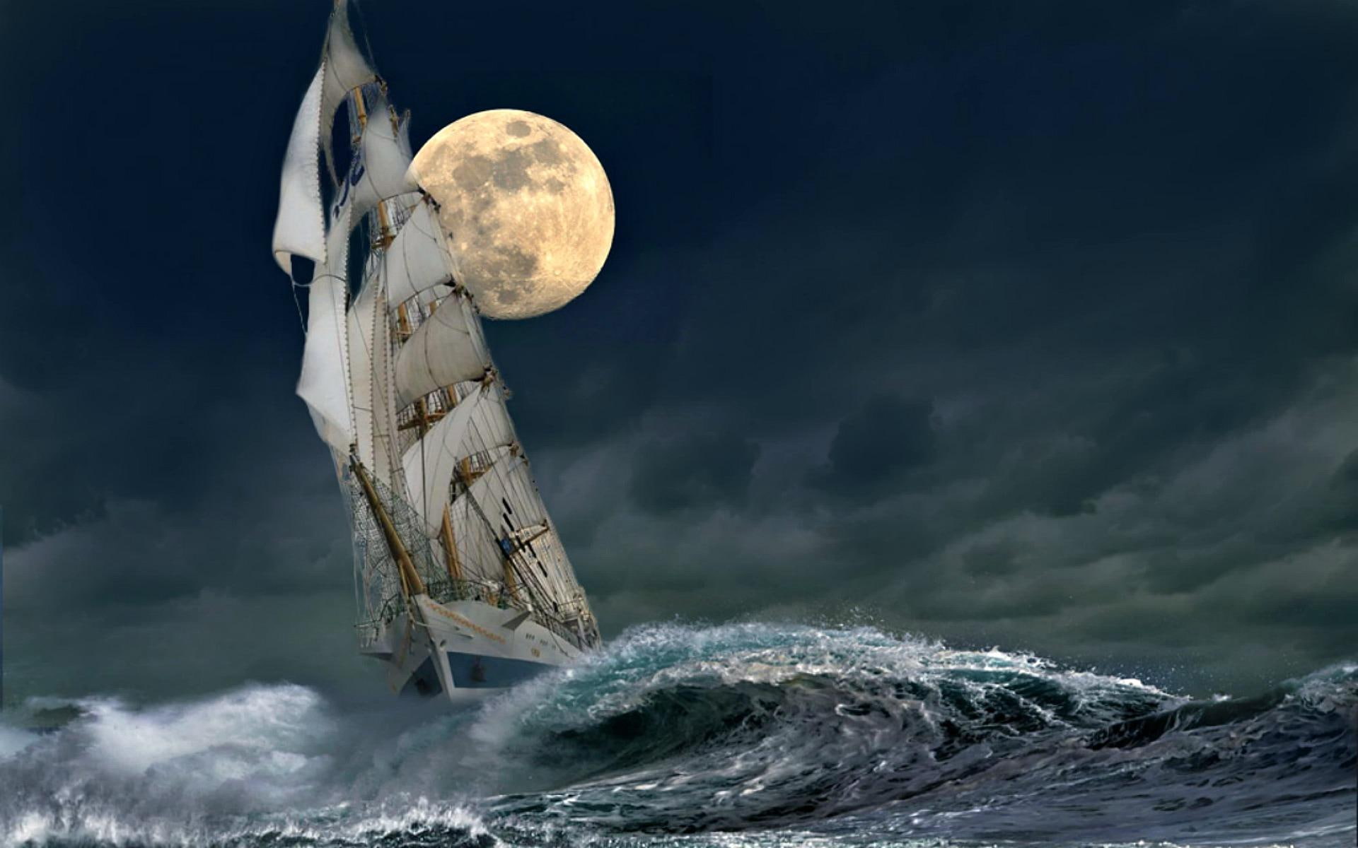 moon, full-moon, schooner, full, sailing, ocean, waves, 1080P, HD Wallpaper