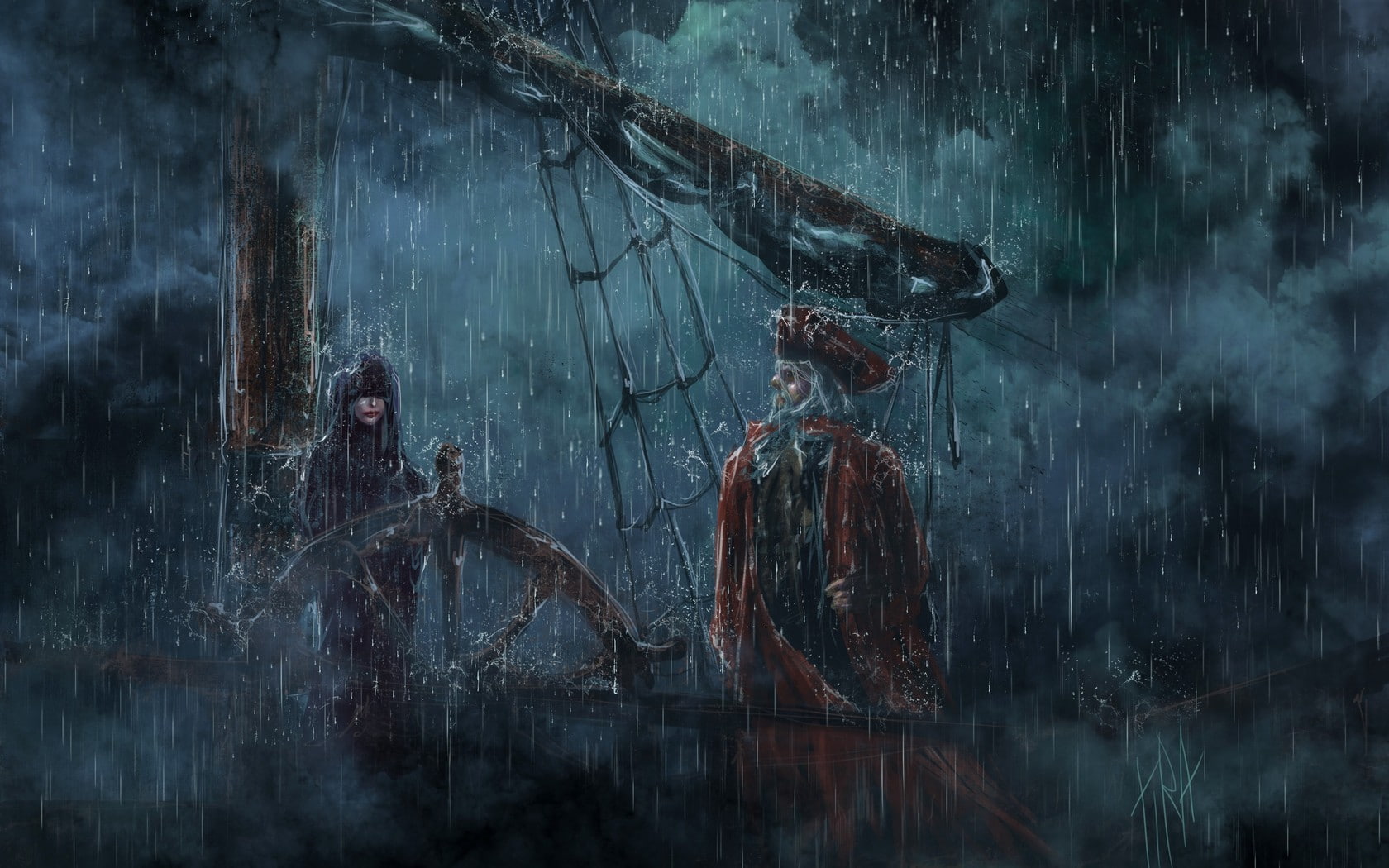 ship, rain, 720P, fantasy, hd, graphics, drawing, pirate, screen, schooner, display, storm, pirates, HD Wallpaper