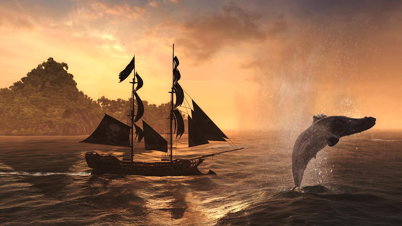 s, schooner, video games, hd, ship, battleship, 720P, sail, island, assassin, creed, ocean, whale, gray, brown, HD Wallpaper