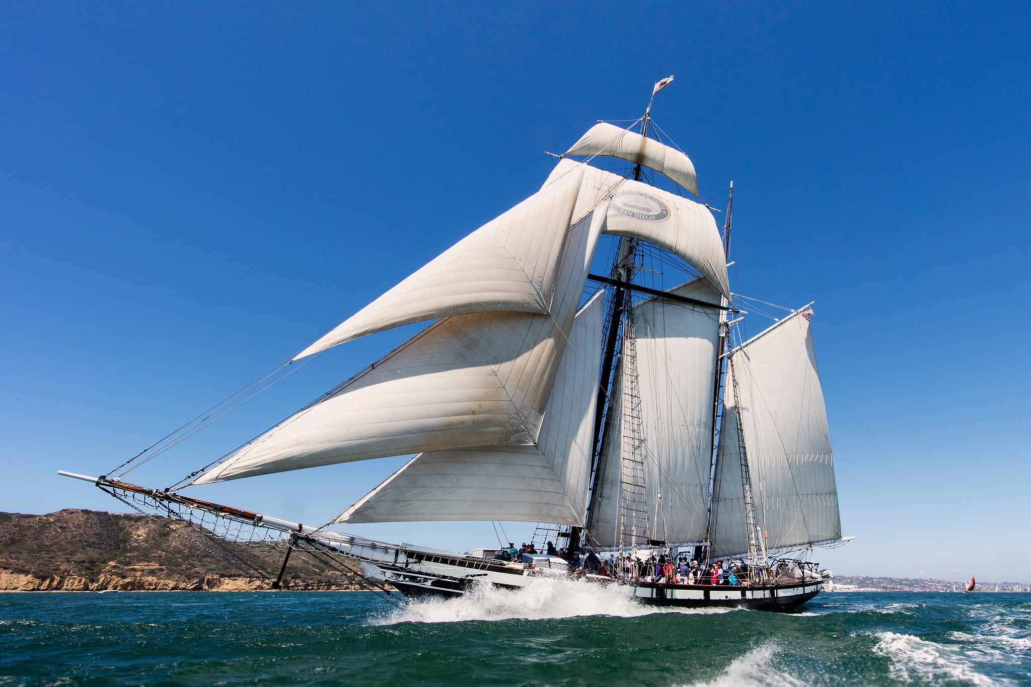 CA, Bay San Diego, Tall Ship Californian, California, Californian, sails, 1080P, schooner, San Diego Bay, sea, sailboat, HD Wallpaper