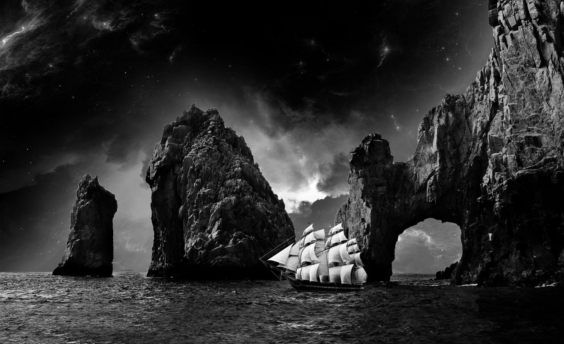 rock formation, solid, cloud - sky, rock - object, stack rock, nautical vessel, ship at the moonshine, lonely, Aero, outdoors, grayscale, tranquil scene, HD Wallpaper