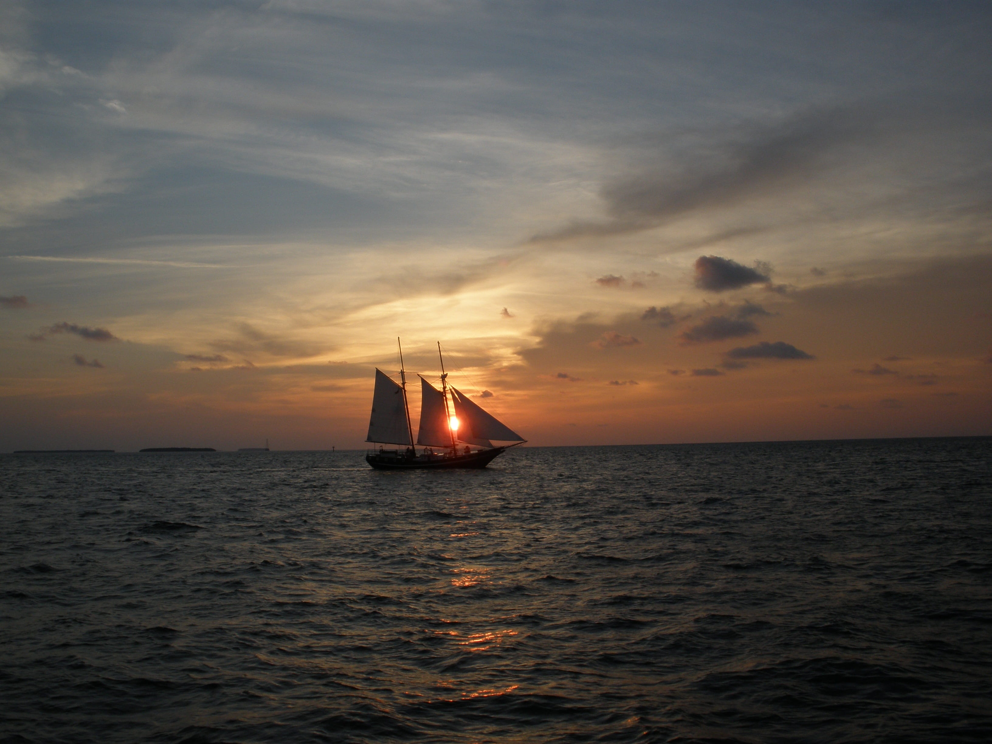 orange color, beauty in nature, sail, tranquil scene, horizon over water, tranquility, horizon, summer, mode of transportation, travel Locations, Schooner, HD Wallpaper