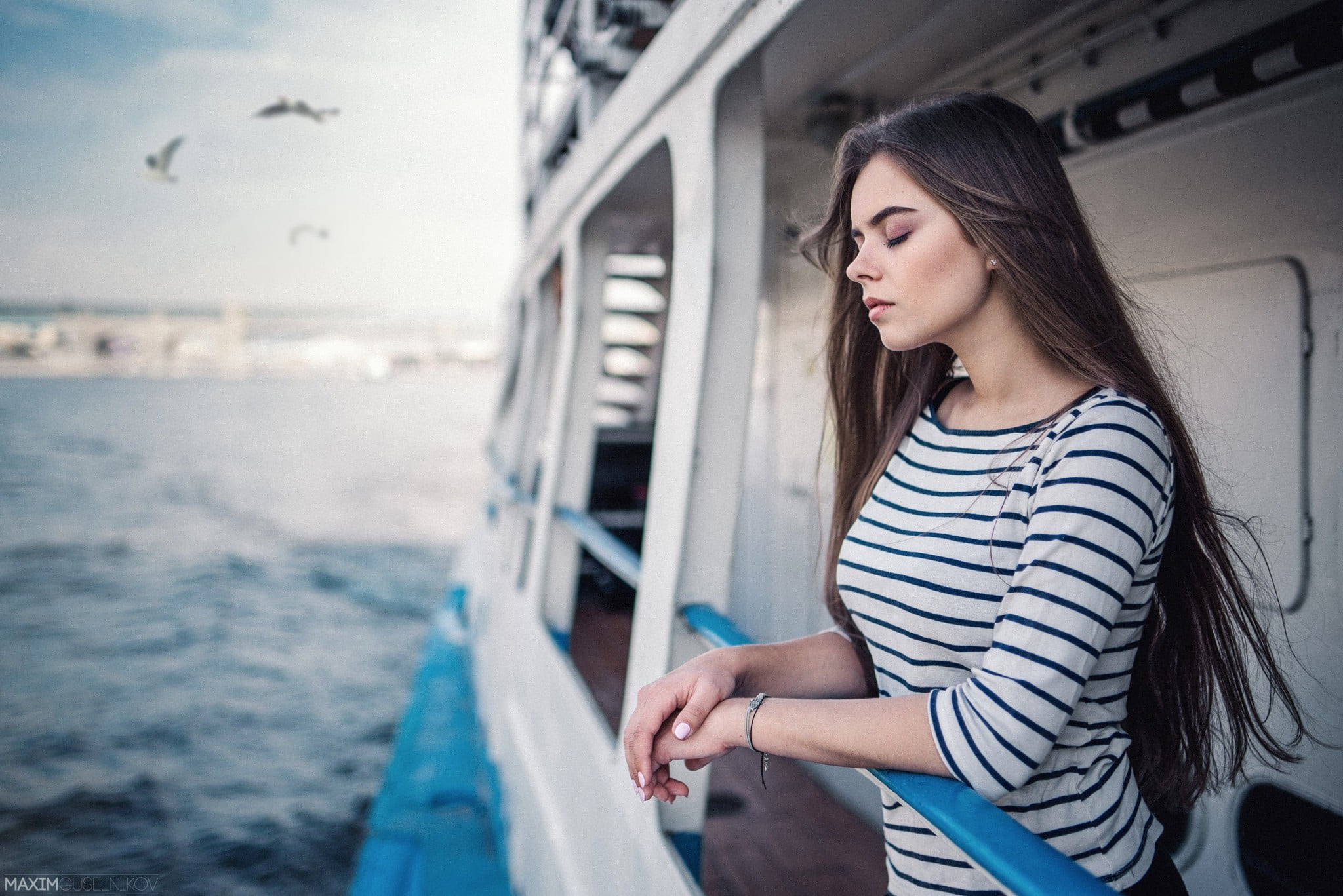 one person, beautiful woman, adult, hair, sea, white, outdoors, holiday, hairstyle, waist up, closed eyes, long hair, 1080P, model, black, water, Ekaterina Kuznetsova , HD Wallpaper