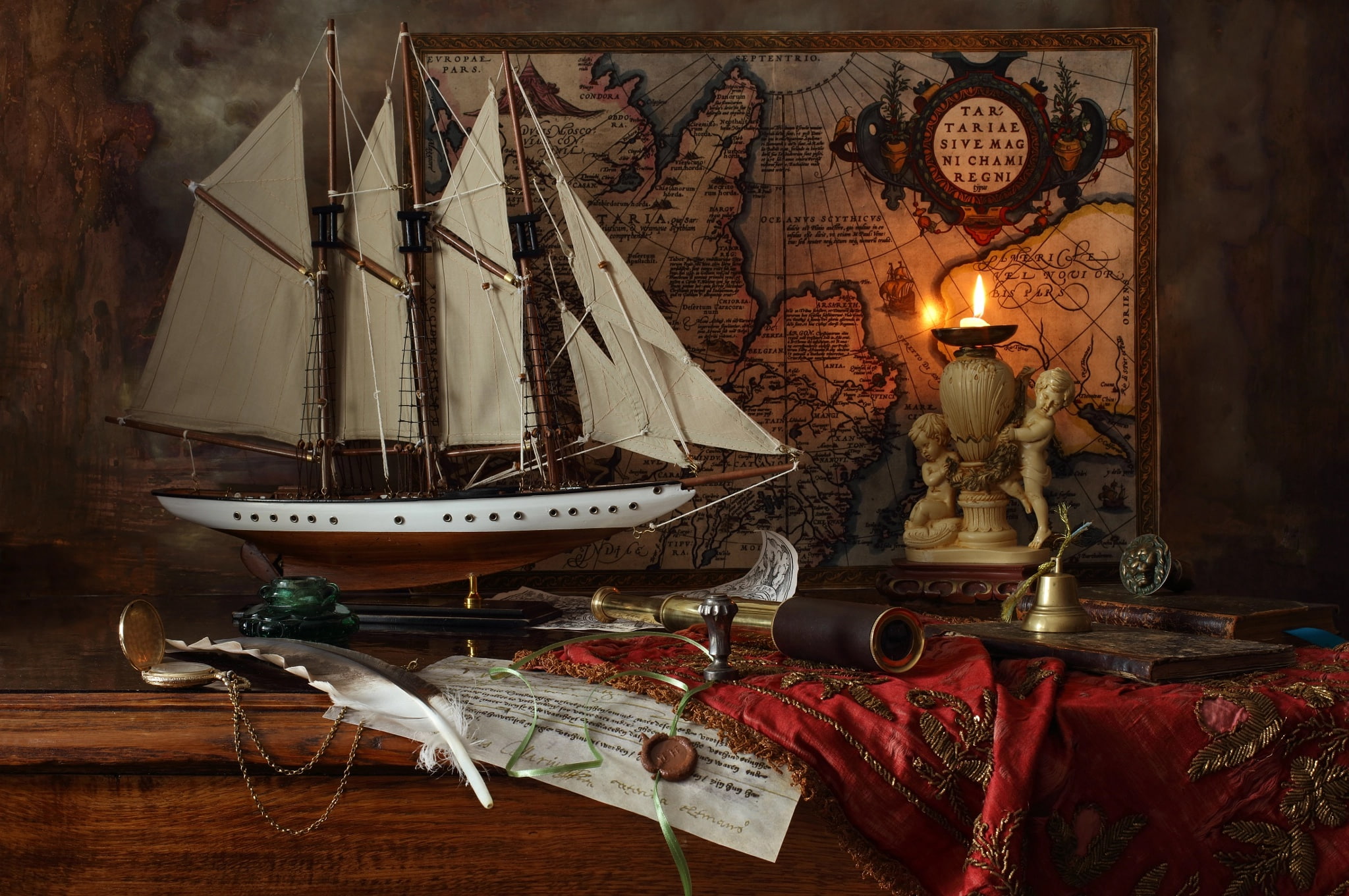 map, wax, still life, model, 1080P, Andrey Morozov, pen, pipe, candle, ship, HD Wallpaper