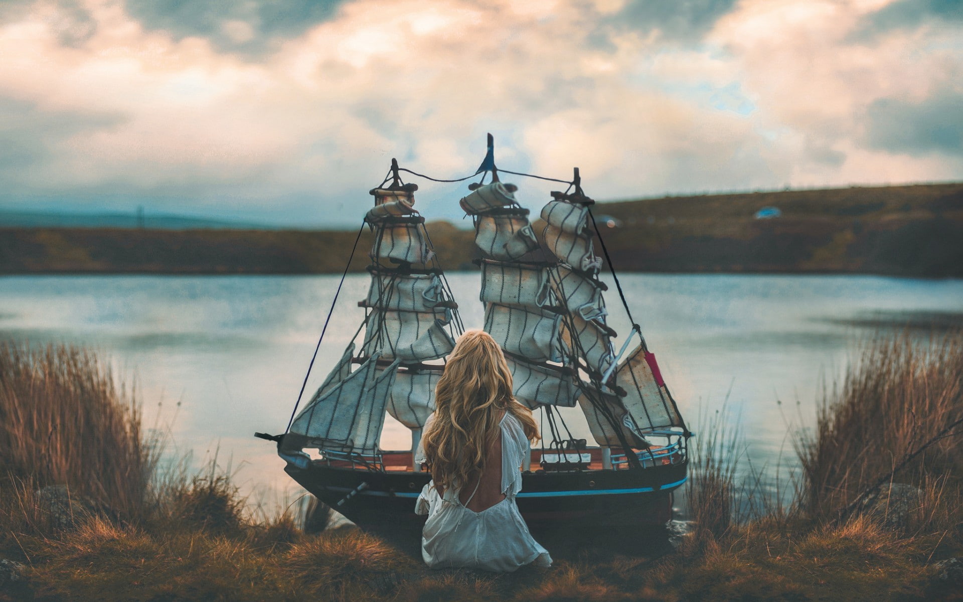 women, nature, grass, sitting, blonde, women outdoors, rear view, lake, clouds, miniatures, long hair, sailing ship, model, 1080P, water, white dress, HD Wallpaper