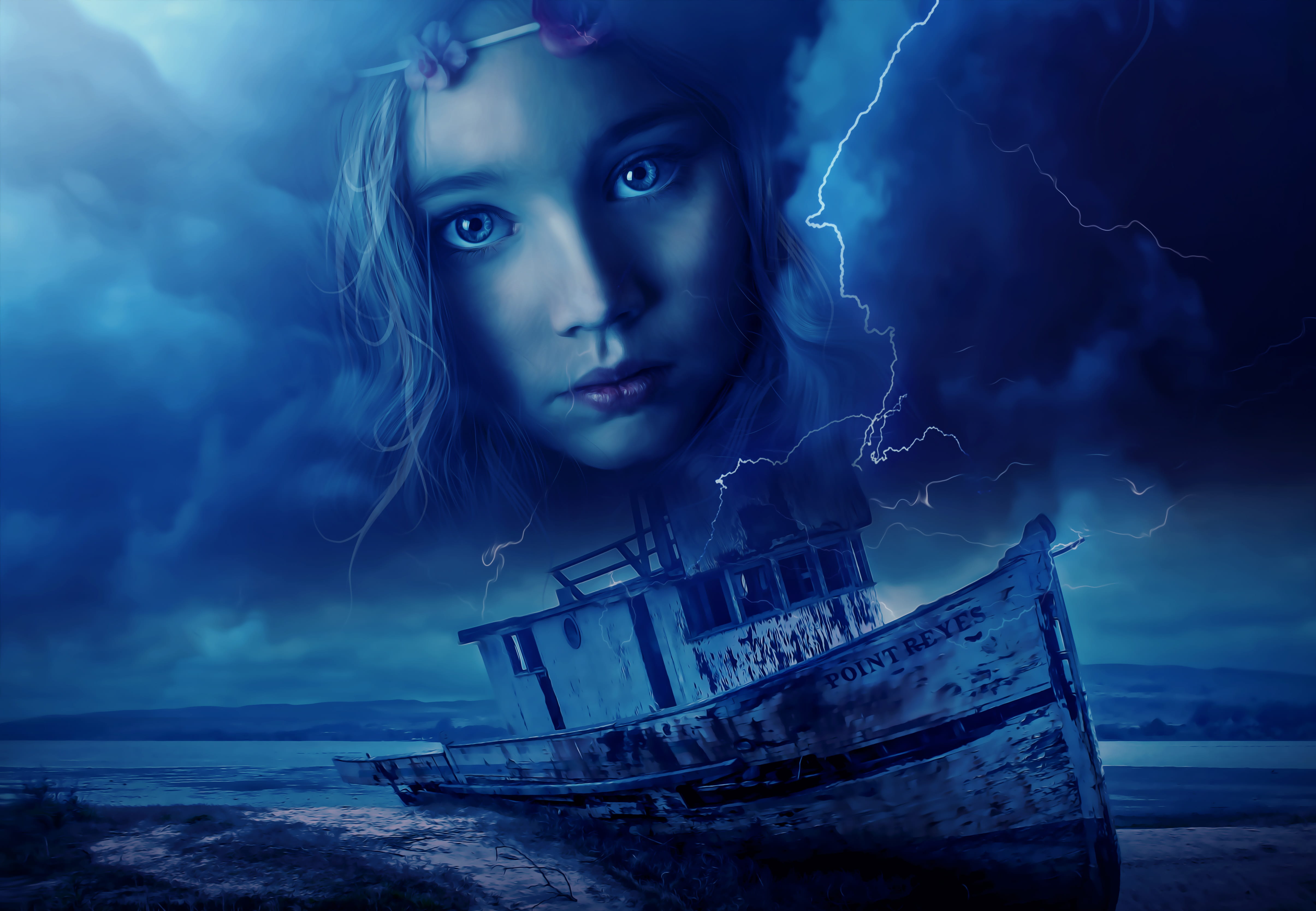 night, communication, child, female, women, dream, adult, one person, water, mysterious, photoshop, face, fantasy, mystery, clouds, contemplation, model, HD Wallpaper