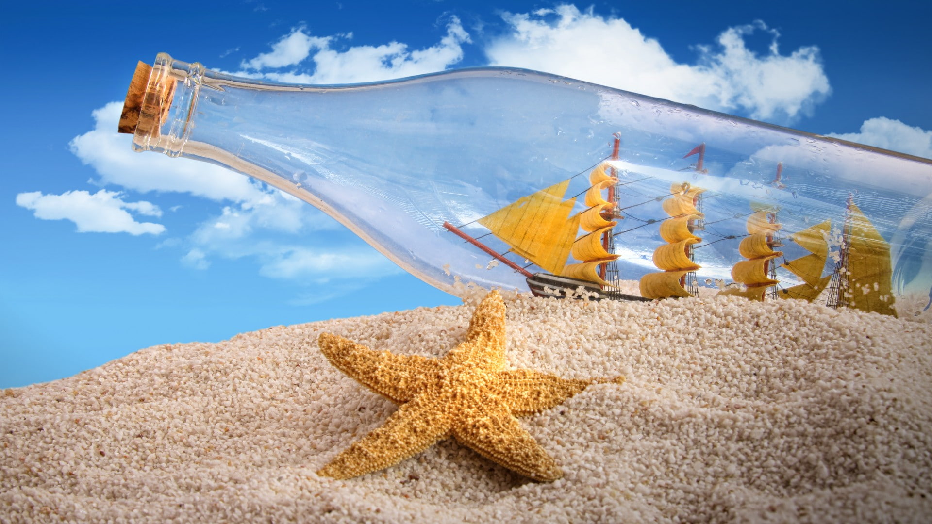 clouds, beaches, glass, sail, bokeh, sky, ship, tropical, cork, model, bottle, sand, creative, toys, starfish, 1080P, HD Wallpaper