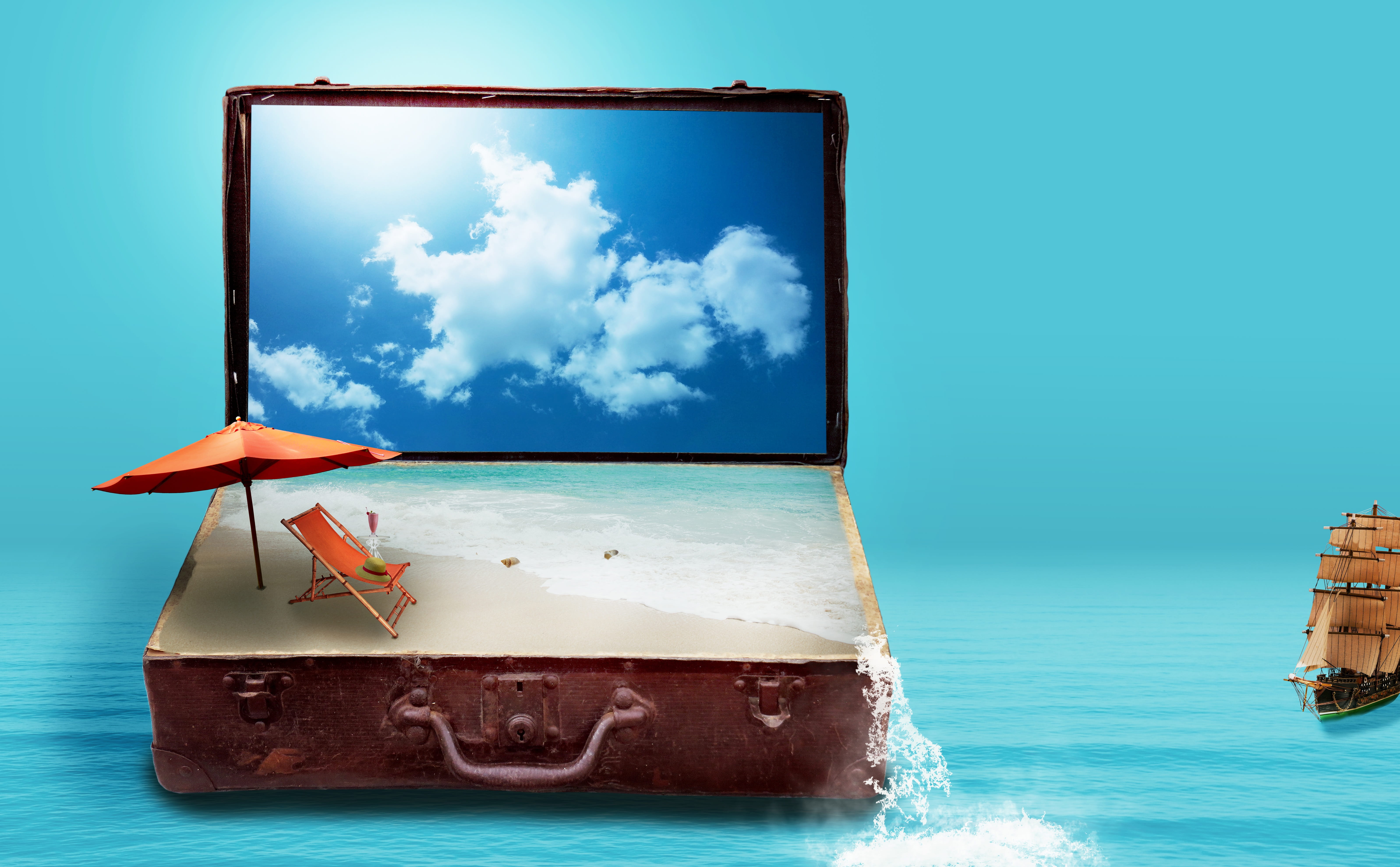 blue, image overlay, old suitcase, 5K, miniature, suit, wireless technology, idyllic, waters, nature, go away, holiday, case, travel plans, copy space, HD Wallpaper