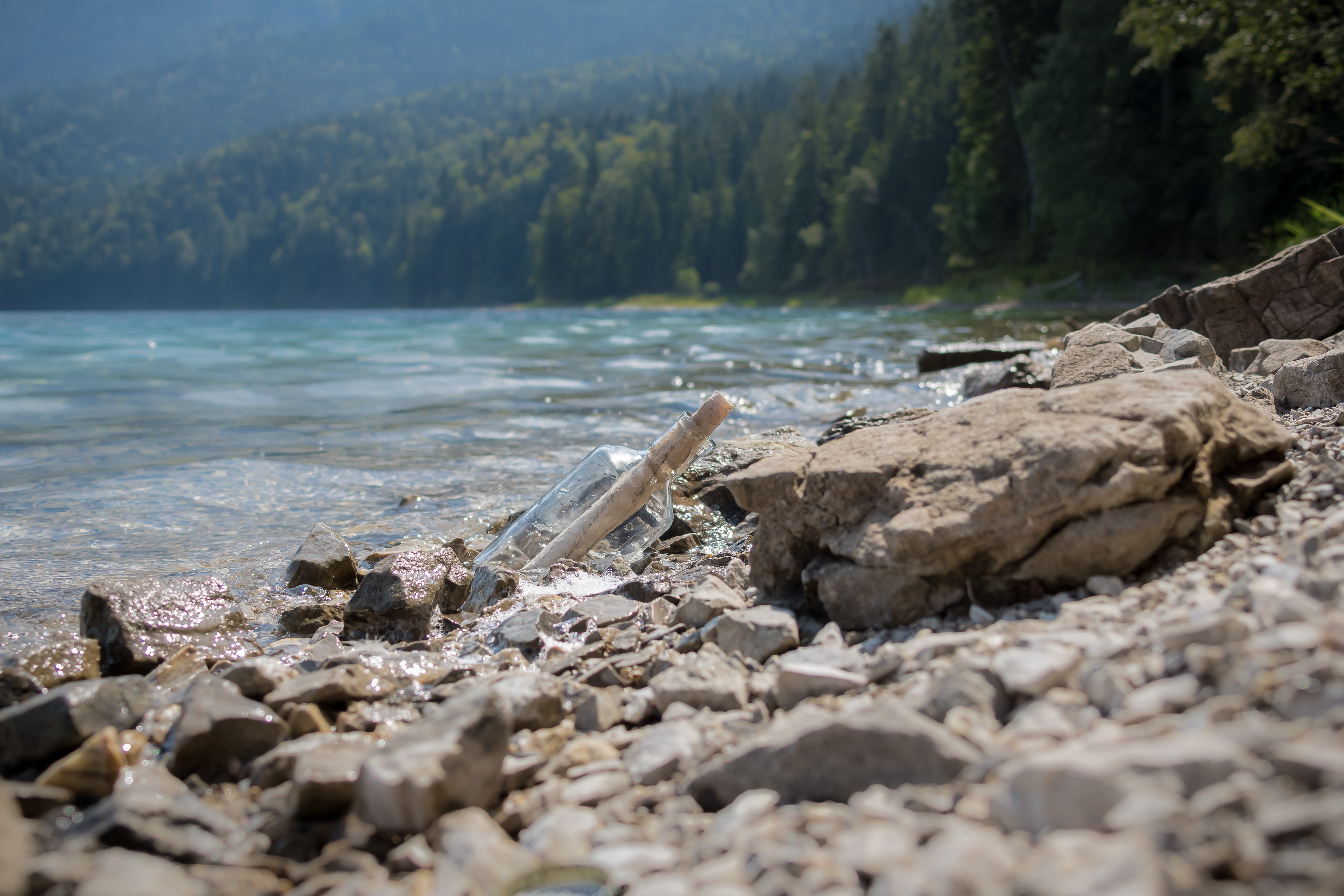 glass, beauty in nature, bottle, wood, focus, outdoors, stones, no people, clear, 5K, day, non-urban scene, rocks, plant, tranquil scene, nature, water, HD Wallpaper