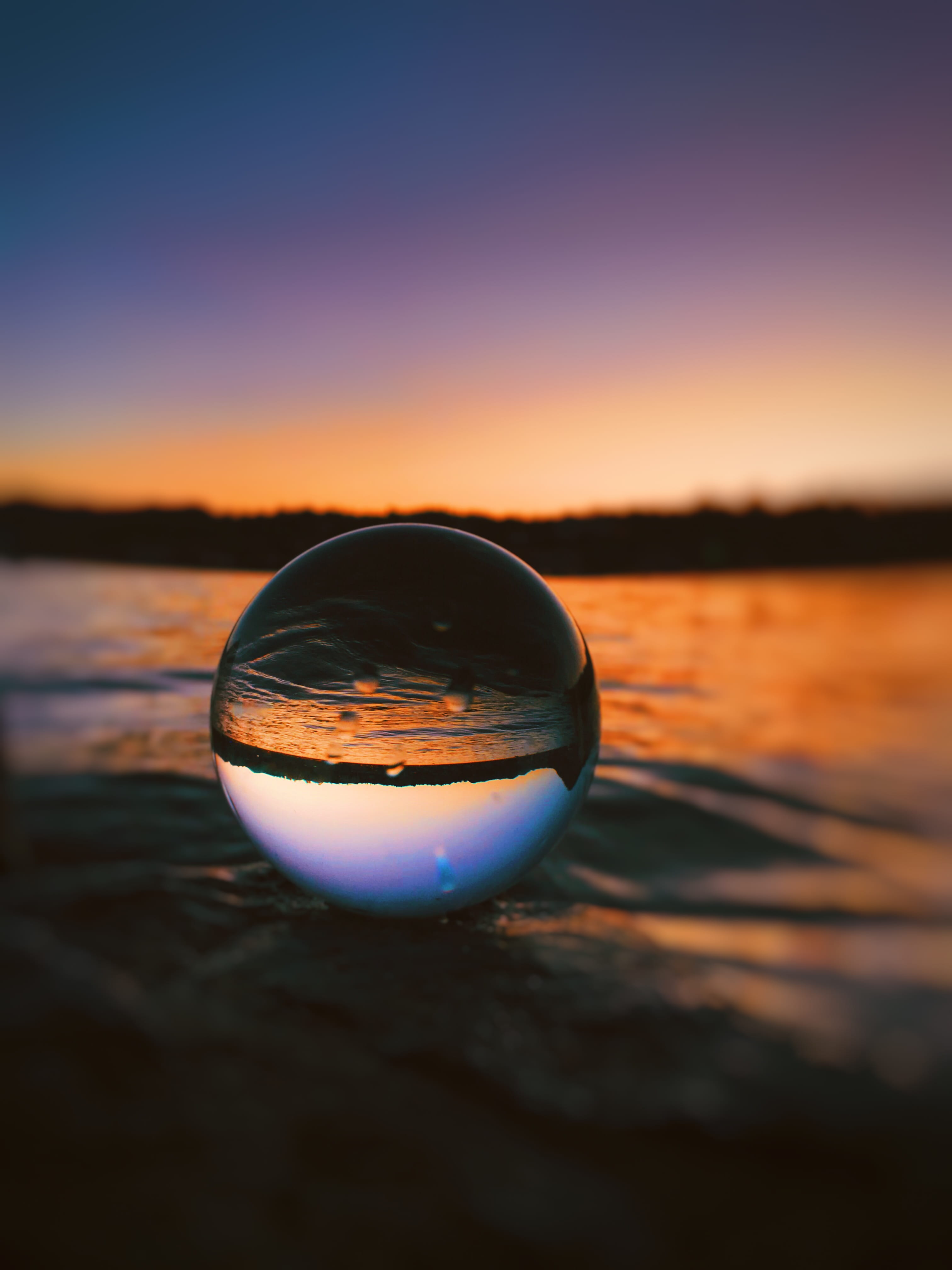 landscape, glass - material, transparent, sea, tranquility, orange color, lake, glass, shore, single object, surface, ball, reflection, upside down, glass ball, Phone HD Wallpaper