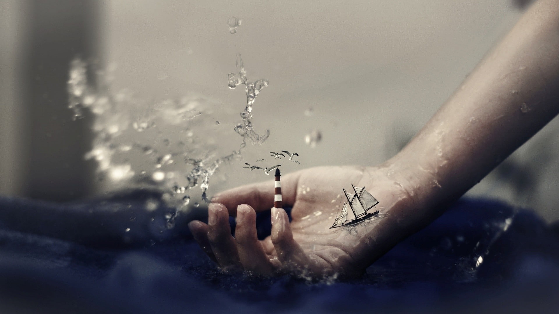 artwork, seagulls, digital art, water drops, sailing ship, lighthouse, hands, 1080P, surreal, birds, miniatures, blurred, fantasy art, HD Wallpaper