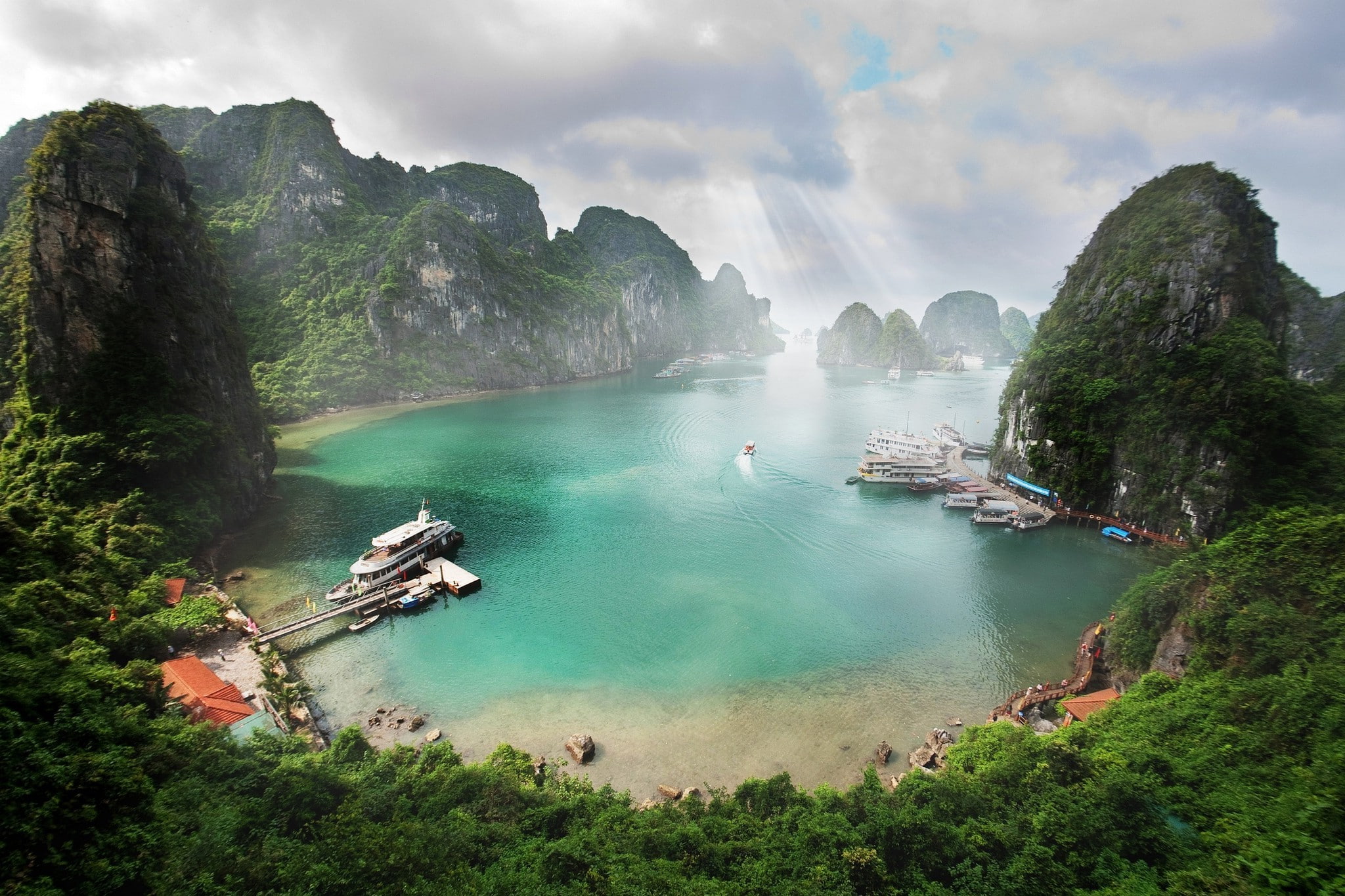travel, nature, plant, tree, sky, sea, travel destinations, 1080P, rock, nature photography landscape beach tropical forest clouds sea ship boat sun rays rocks island ha long bay vietnam, HD Wallpaper