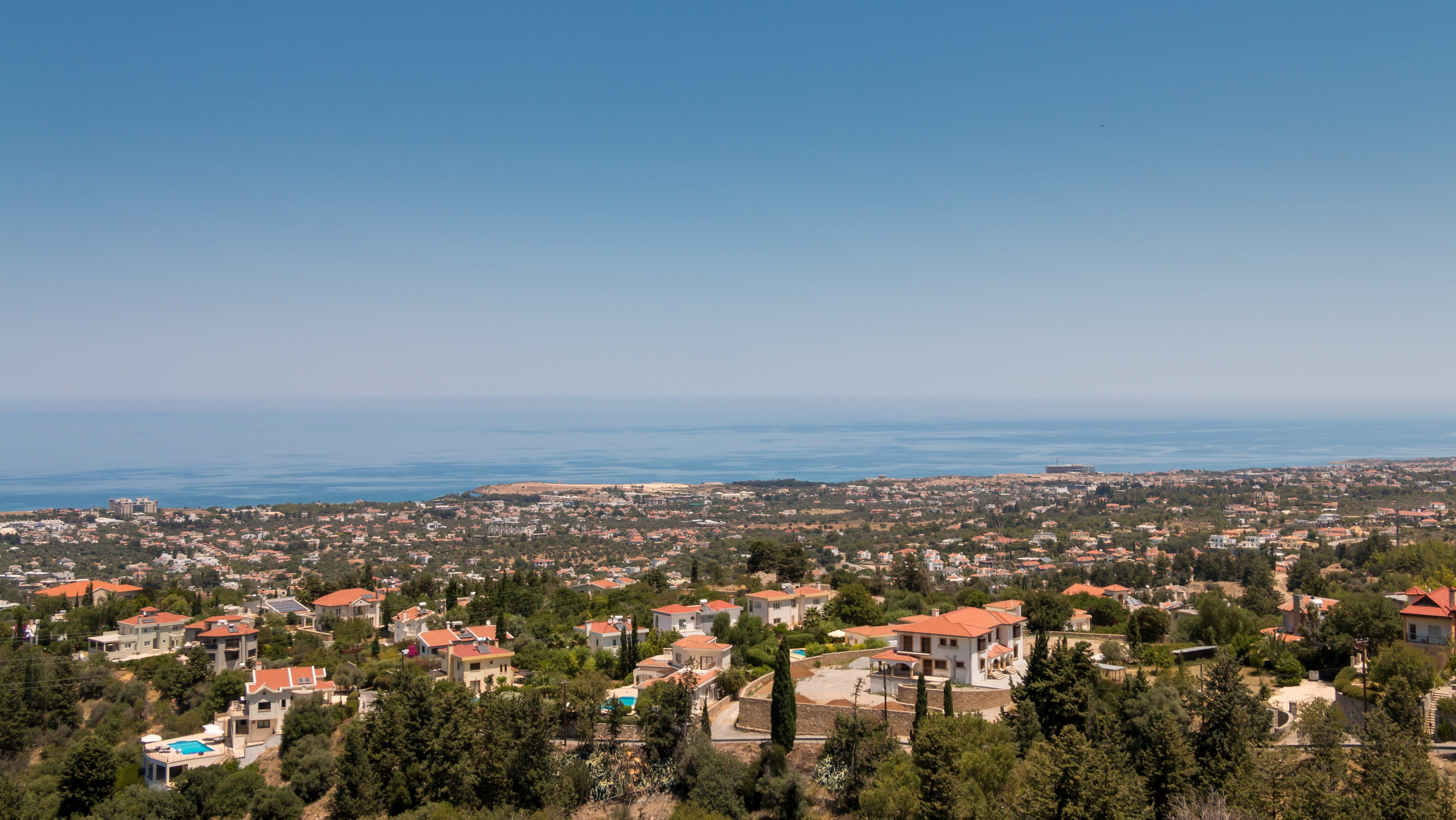 cypress, sea, horizon over water, high angle view, day, no people, cityscape, houses, residential district, water, turkey, city, holiday, nature, building, HD Wallpaper