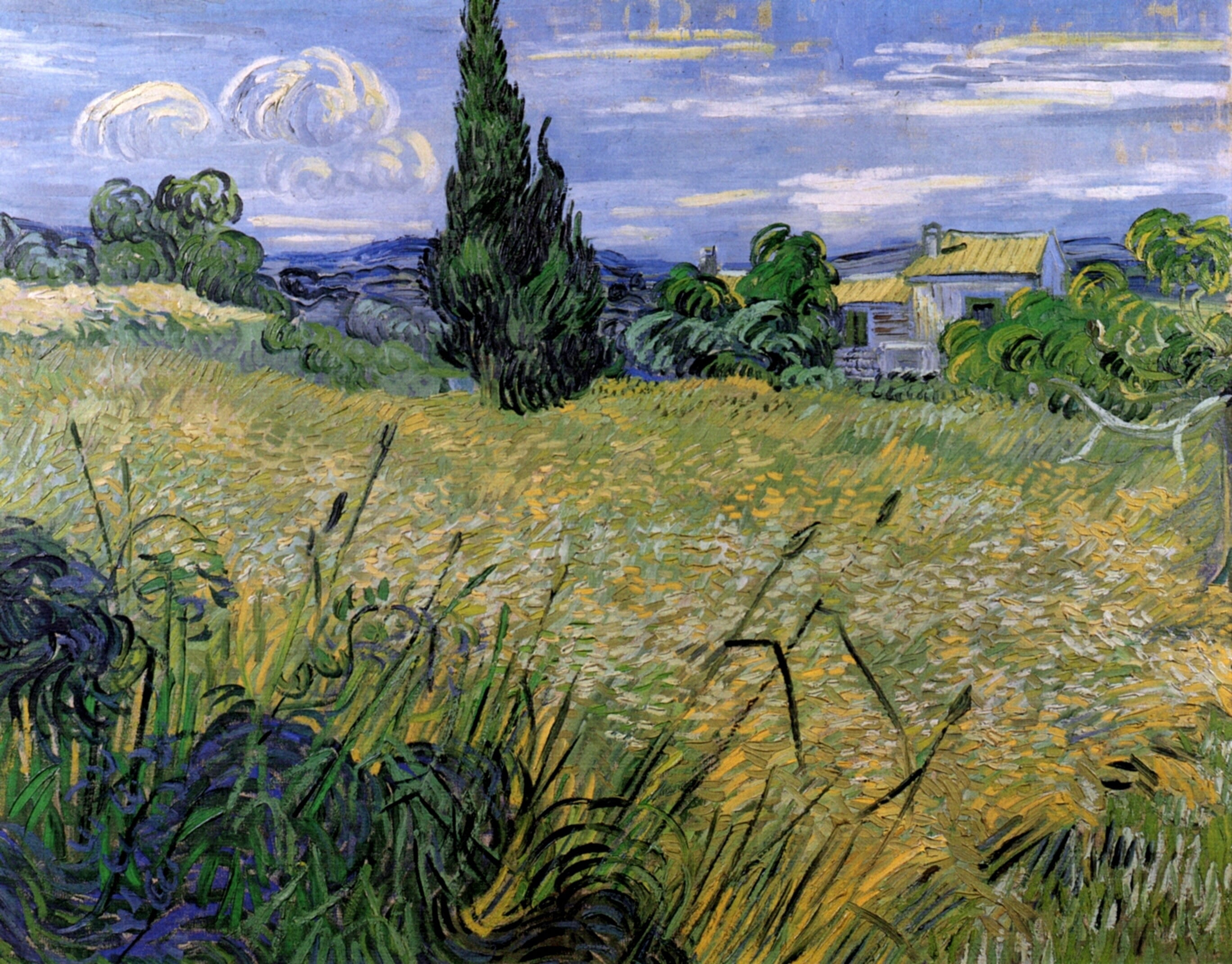 Green, Wheat Field, Vincent van Gogh, 2K, with Cypress, HD Wallpaper