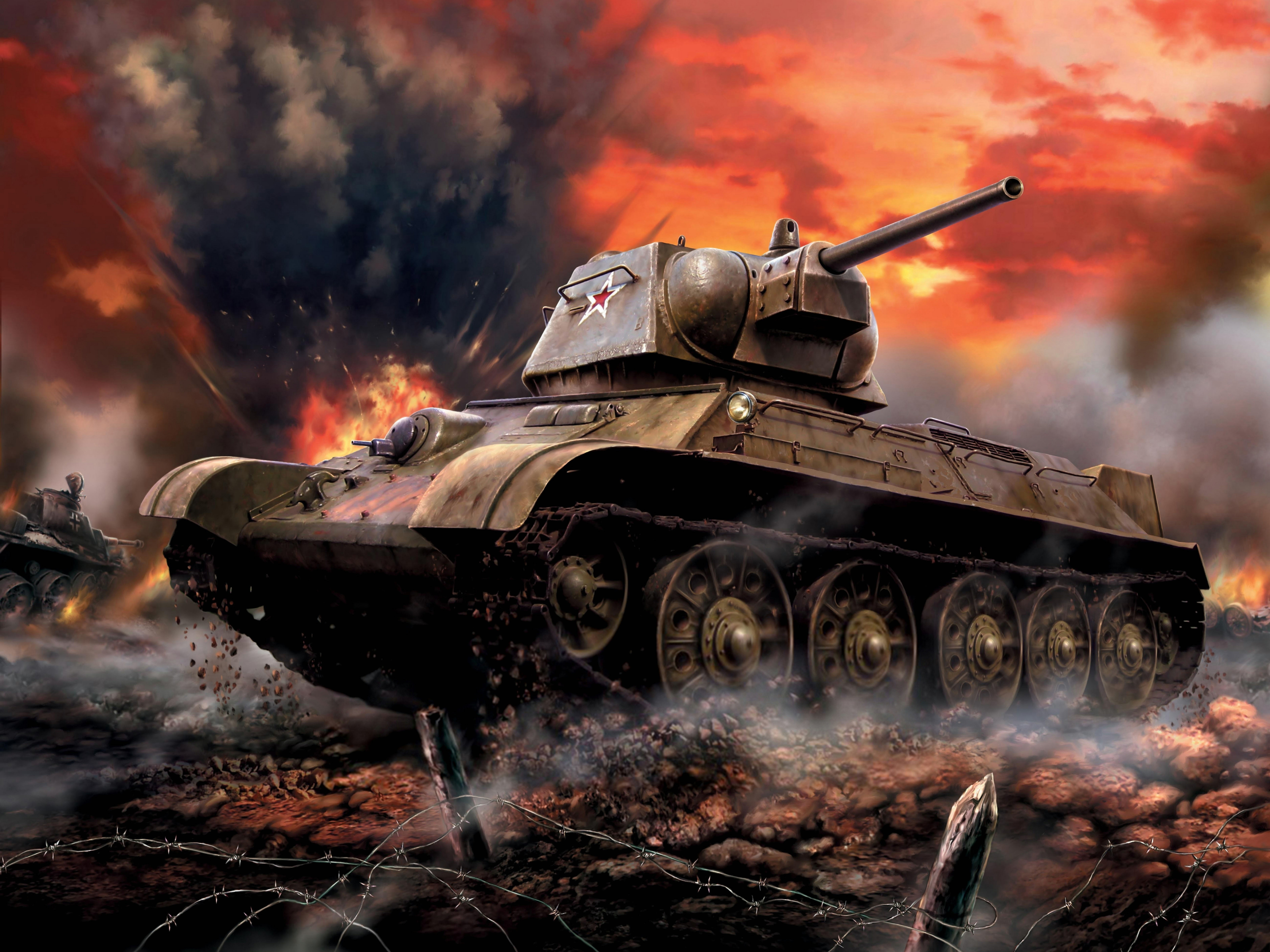 Soviet, burning, gun, outdoors, 1942., weapon, fire - Natural Phenomenon, art, fire, sky, thirty-four, T-34-76, tank, cloud - sky, smoke - Physical Structure, HD Wallpaper