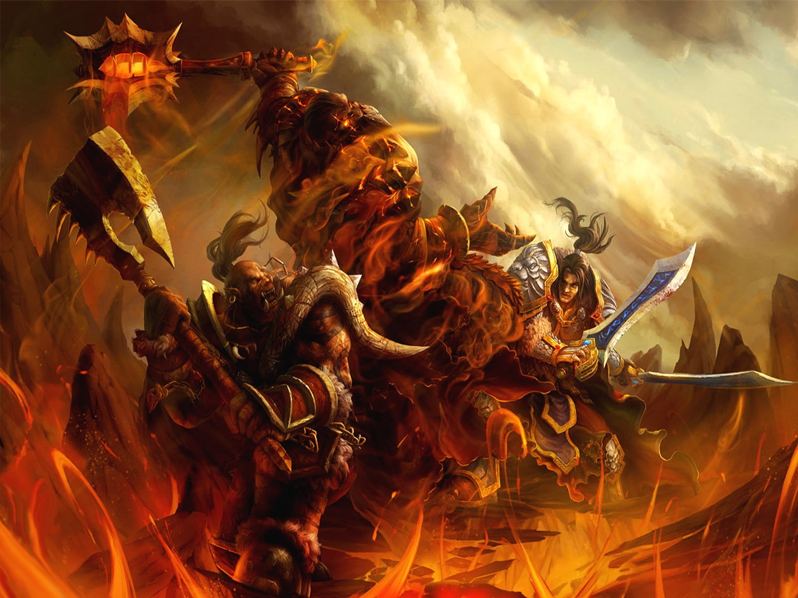 sculpture, belief, human representation, flame, fire, representation, sky, nature, law, spirituality, 720P, creativity, warcraft garrosh hellscream world of warcraft, HD Wallpaper