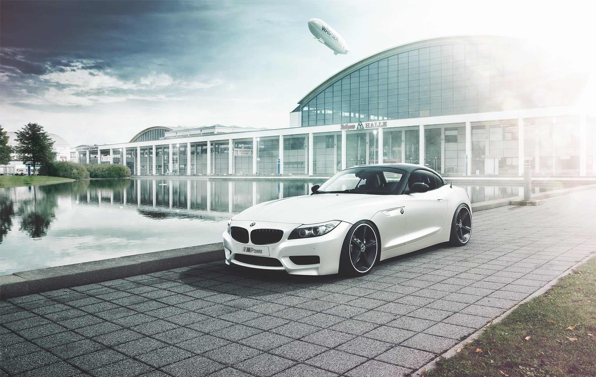 white, the building, BMW, 1080P, lake, dirijabli, HD Wallpaper
