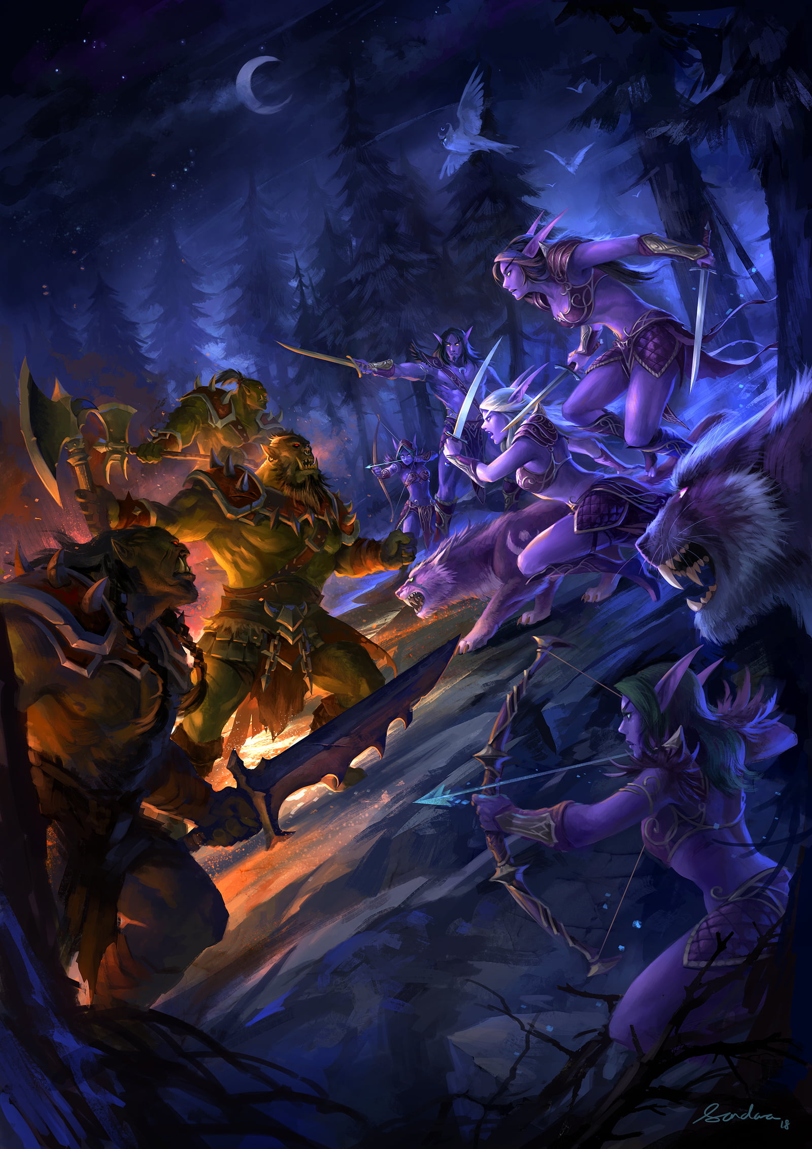 orcs, Half Moon, Alliance, battlefields, warrior, bow, horde, war, archer, sword, trees, animals, arrows, Sandara, 1080P, forest, drawing, night, fire, Phone HD Wallpaper