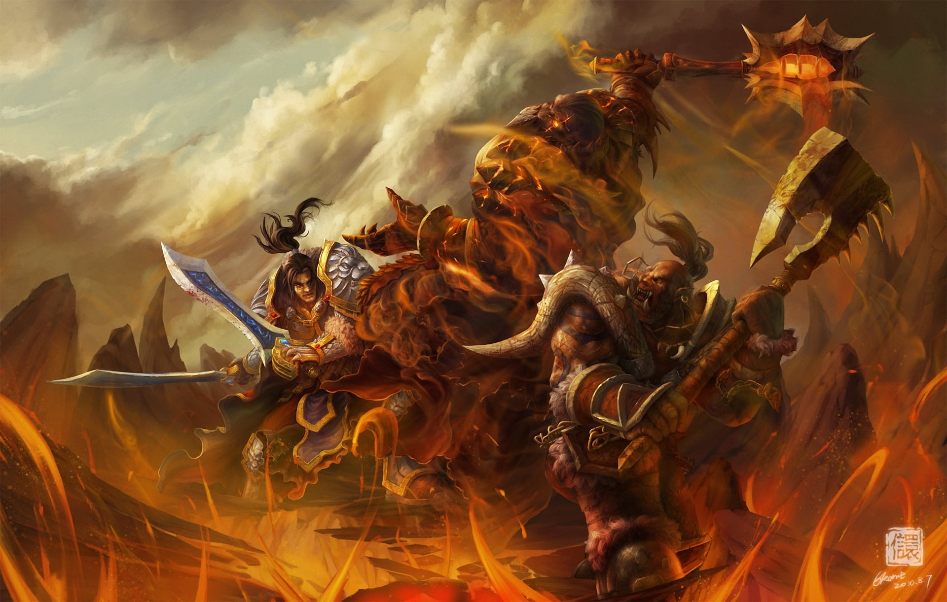  battle, digital, Orc, weapons, abstract, no people, burning, warrior, belief, wow, sunset, spirituality, futuristic, illustration, World of Warcraft, HD Wallpaper