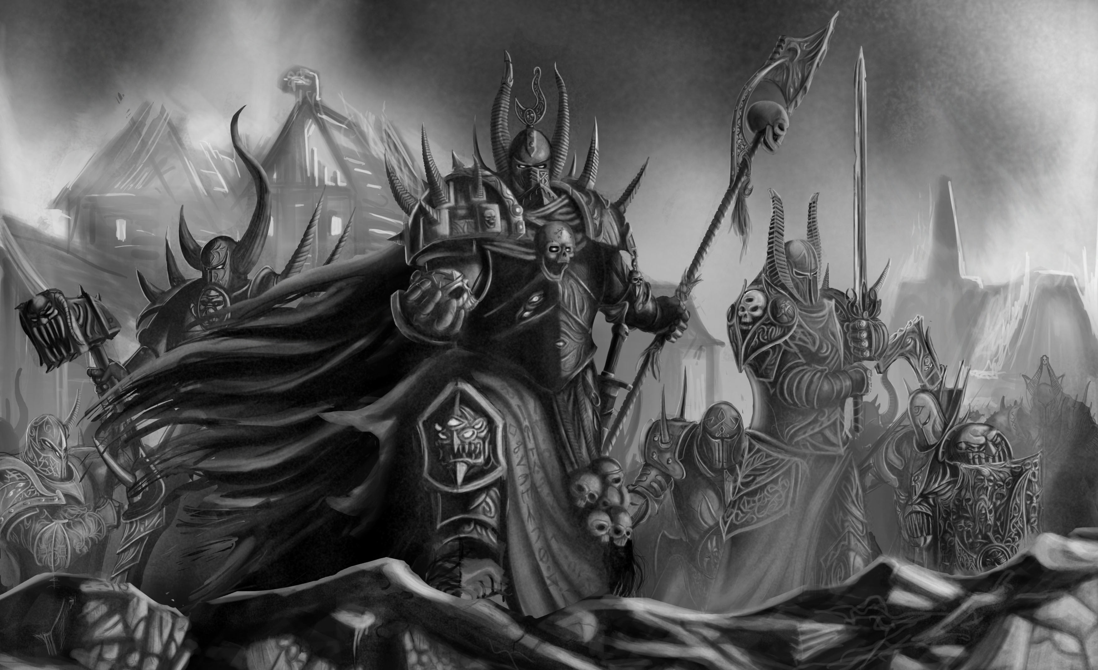 armor, sculpture, art, demon - fictional character, Chaos, illustration, Tzeentch, nature, smoke - physical structure, outdoors, art and craft, male likeness, HD Wallpaper