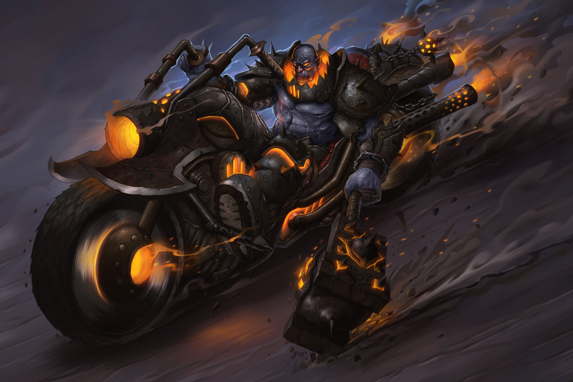 World of Warcraft, vehicle, Blackhand, motorcycle, creature, fire, 1080P, fantasy art, artwork, HD Wallpaper