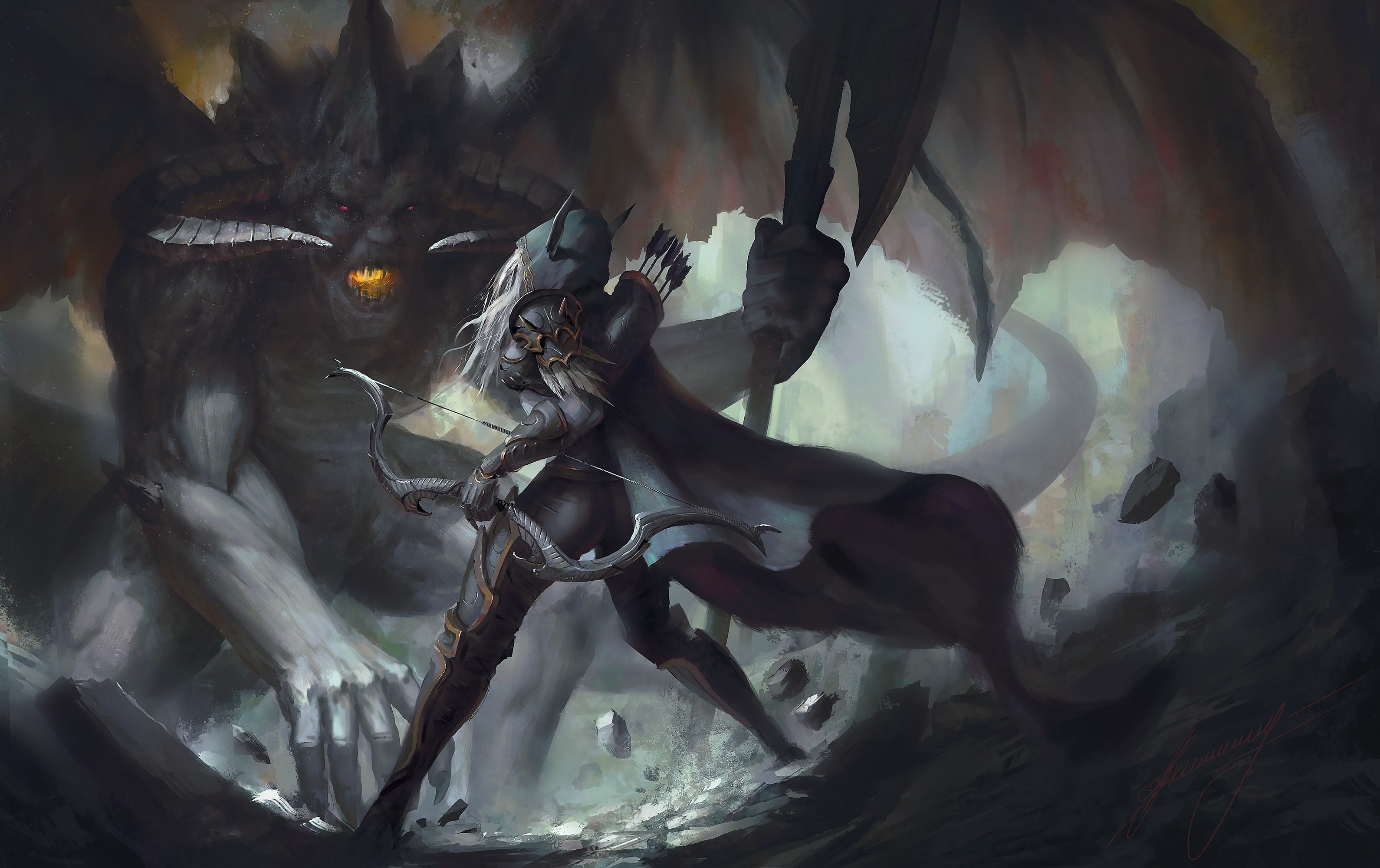 windrunner, sylvanas windrunner, fantasy art, art, 2K, sylvanas, fantasy, woman, archer, monster, HD Wallpaper