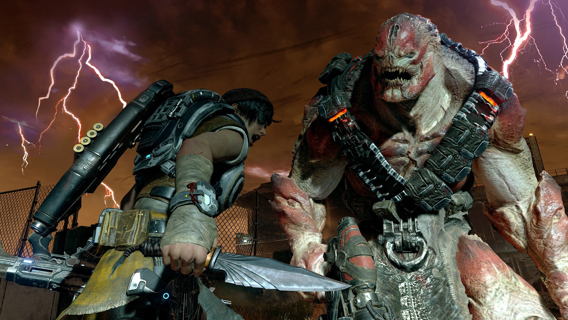 night, sculpture, warning sign, male likeness, aggression, fighting, no people, 1080P, weapon, arts culture and entertainment, consoles, Gears of War, HD Wallpaper