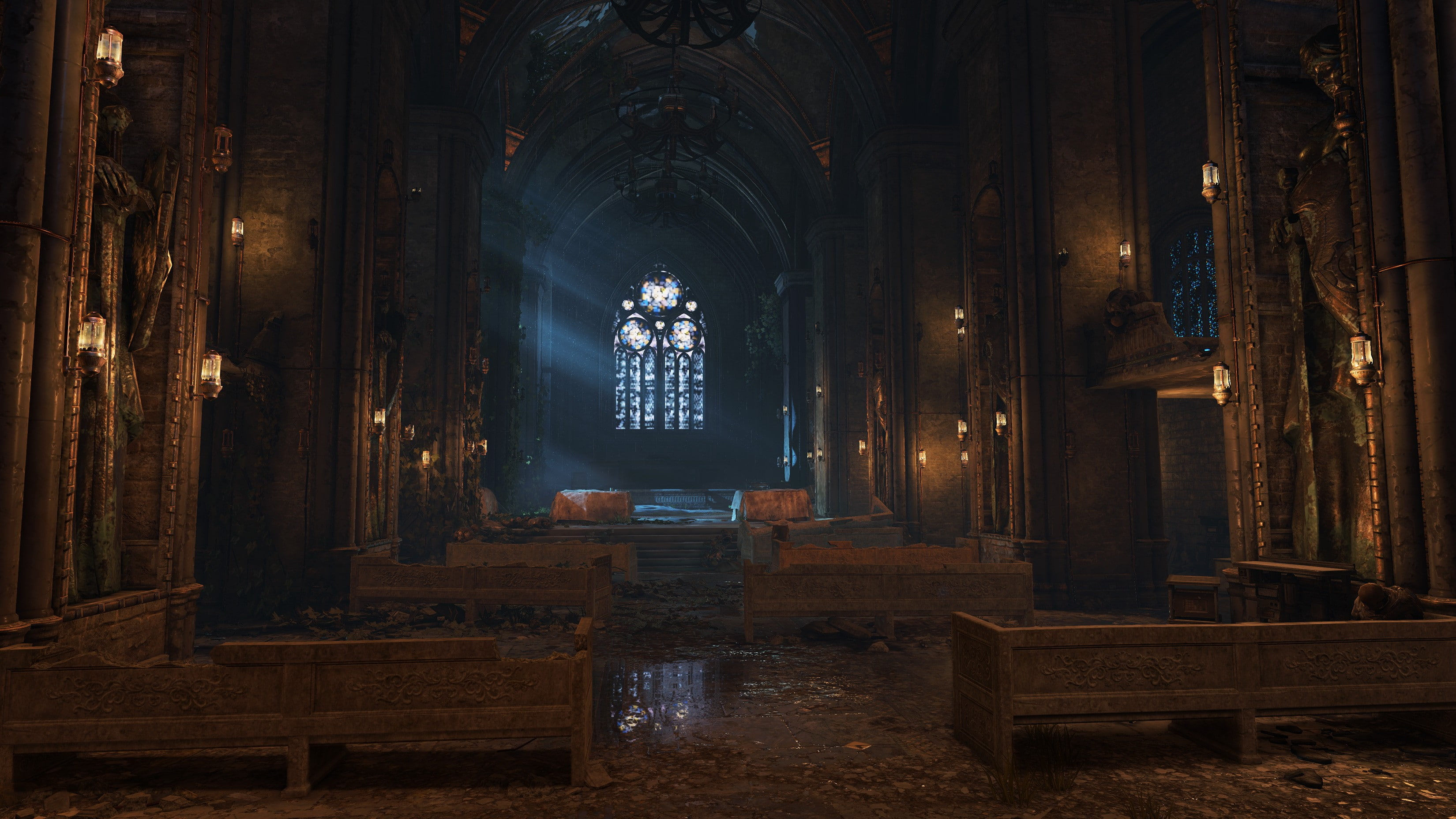 built structure, architectural column, church, indoors, pew, Gears of War, dark, no people, the past, building, arch, history, 2K, architecture, illuminated, HD Wallpaper