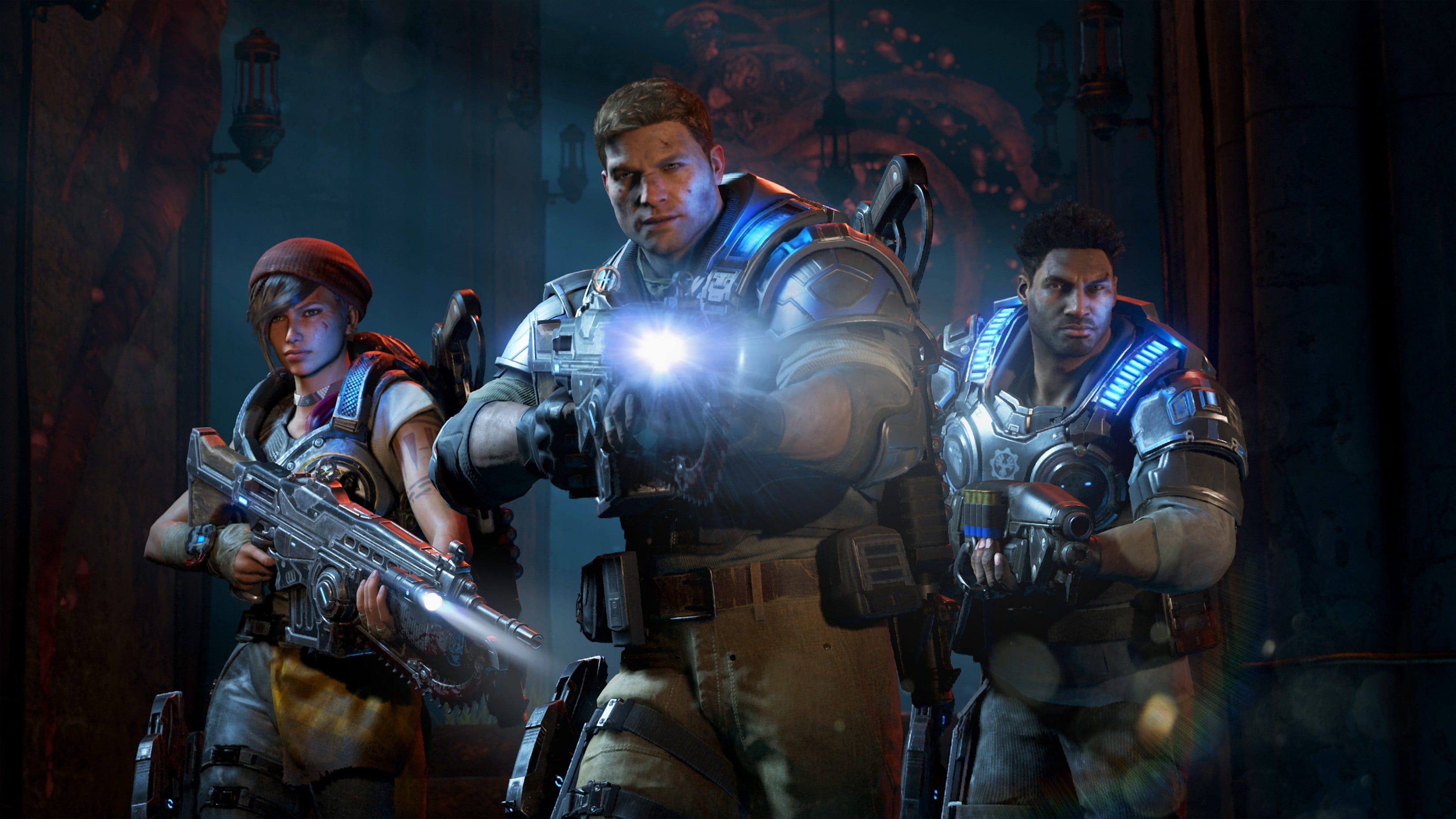 mature men, 2K, indoors, holding, males, headwear, Gears of War, kait diaz, adult, standing, togetherness, mature adult, mid adult men, security, Gears of War 4, HD Wallpaper