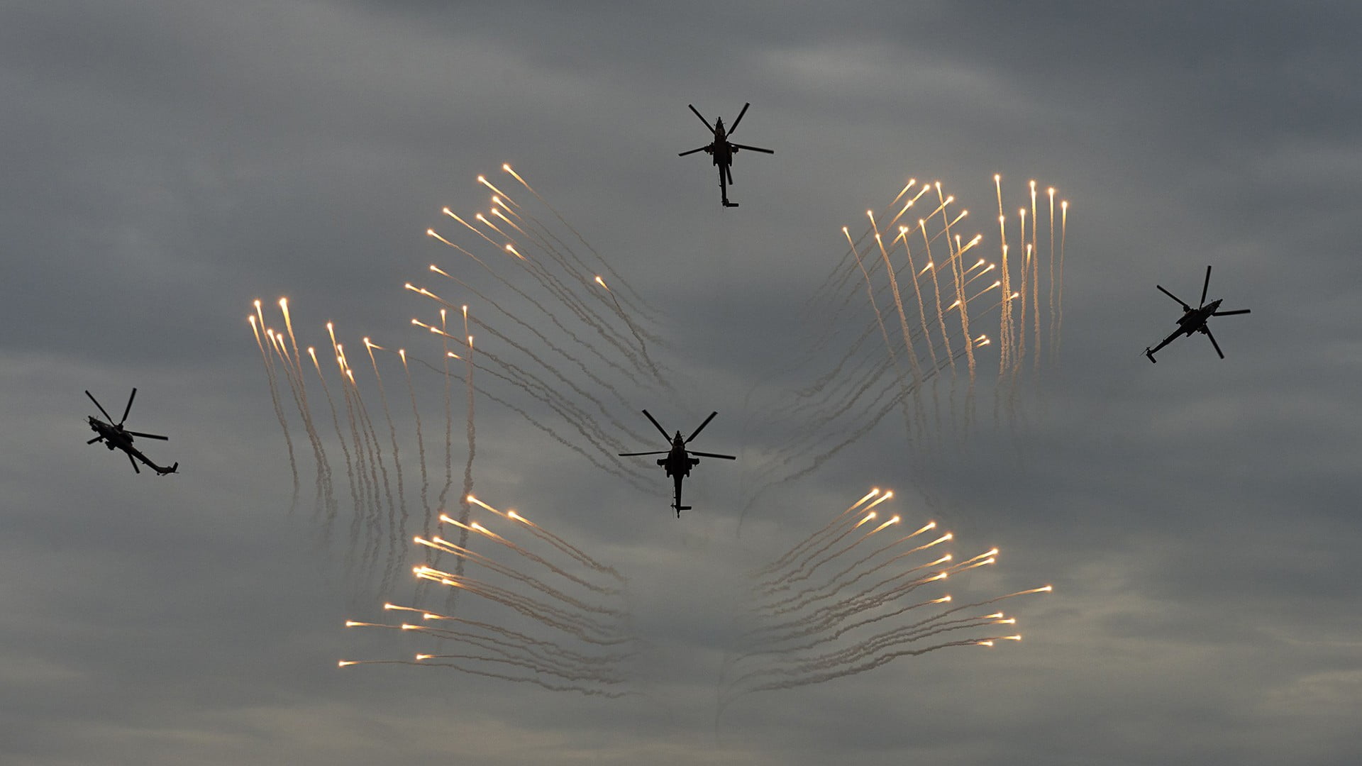 plane, outdoors, cloud - sky, military, transportation, 1080P, aerospace industry, helicopters, cooperation, air vehicle, mid-air, Mil Mi-28, teamwork, HD Wallpaper