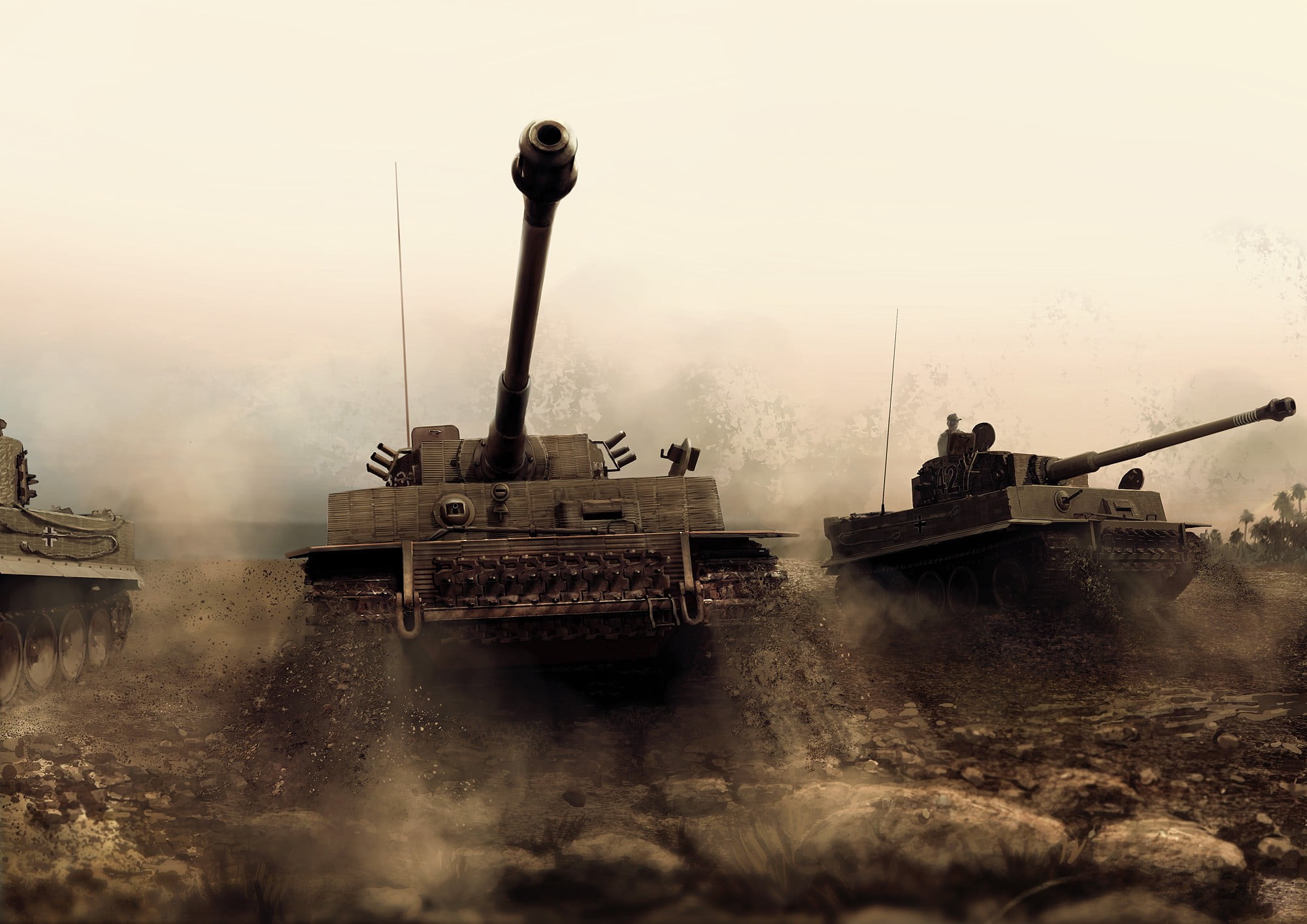 transportation, tank, battle, cannon, mode of transportation, outdoors, sky, fog, nautical vessel, army, vehicle, armed forces, war, 1080P, conflict, Tiger I, HD Wallpaper