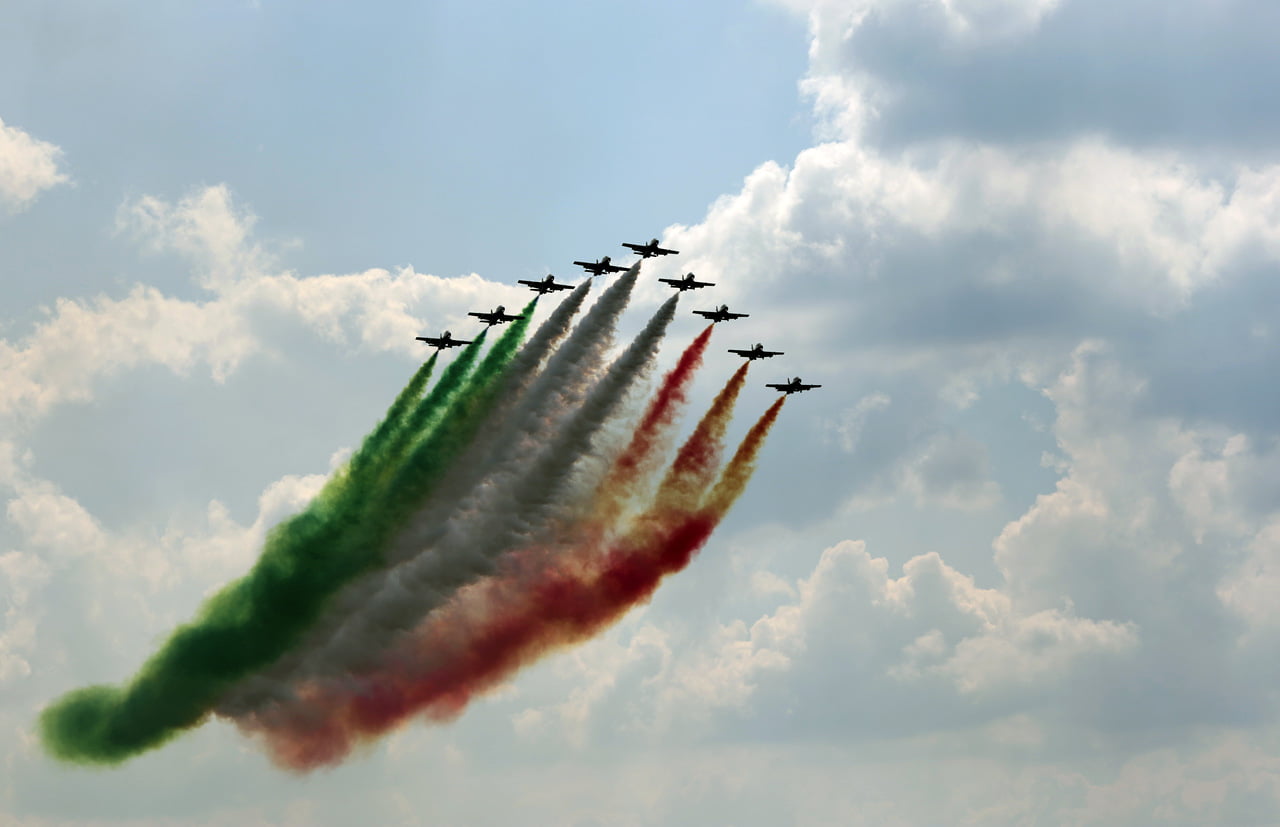 flying, skill, plane, flag, colorful, cooperation, vapor trail, airplane, aerospace industry, smoke, aircraft, day, sky, on the move, air force, fighter plane, HD Wallpaper