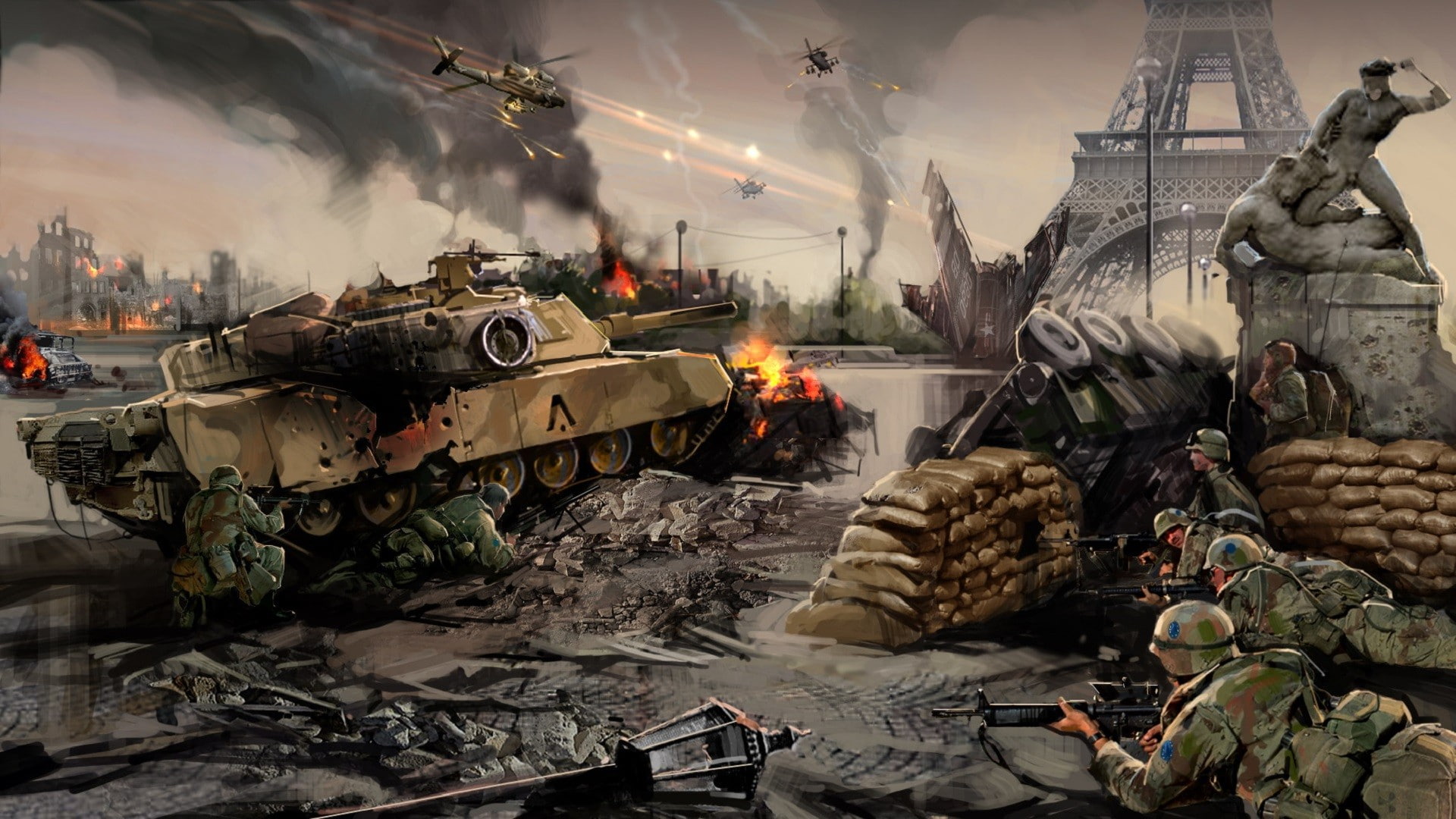 world war iii, war, paris, eiffel tower, 1080P, eiffel, world, tower, iii, helicopters, soldier, aircraft, HD Wallpaper