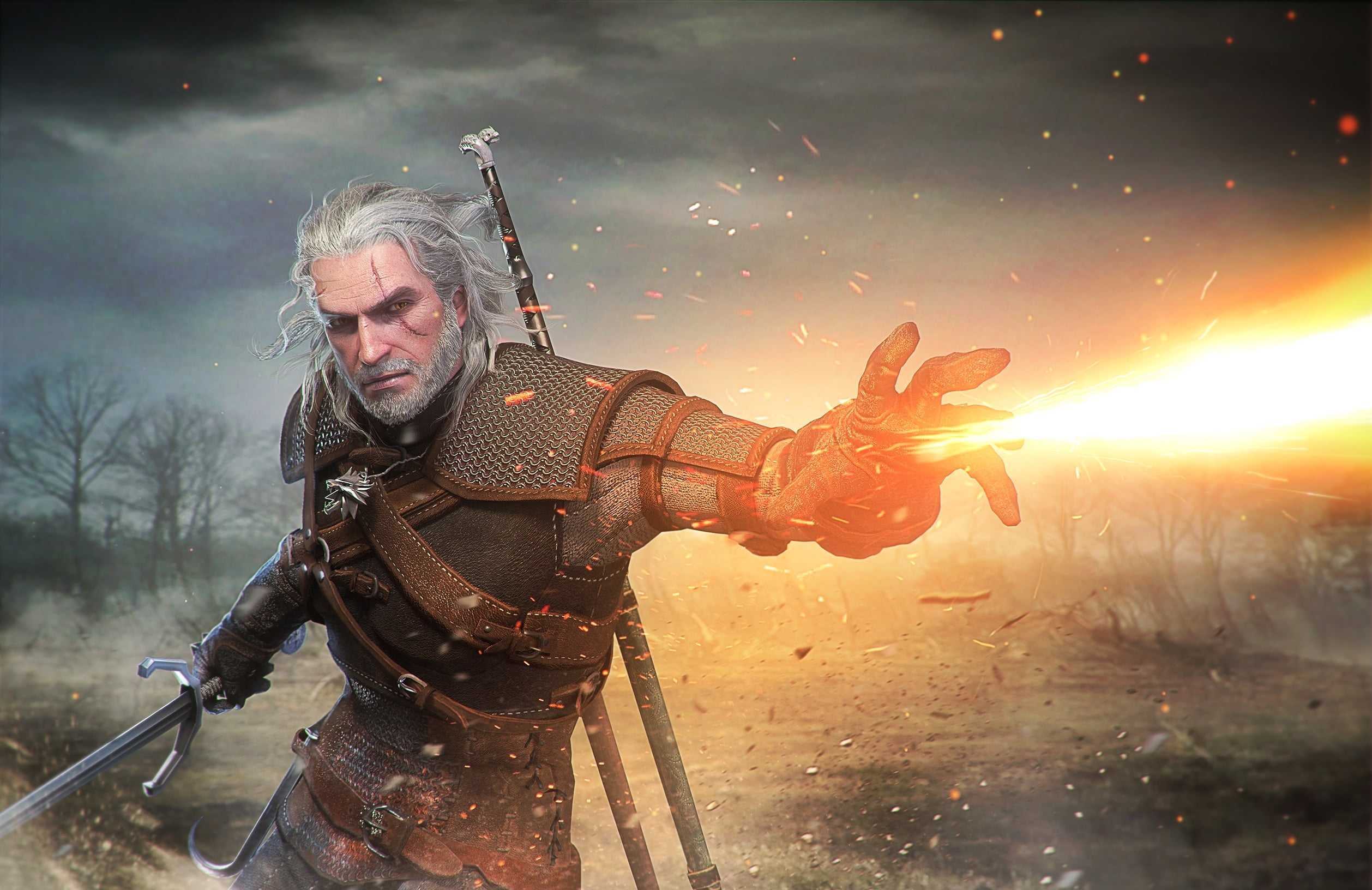 real people, men, mercenary, geralt of rivia, courage, heroes, wild hunt, warrior, sunset, males, portrait, body Armor, outdoors, holding, military, HD Wallpaper