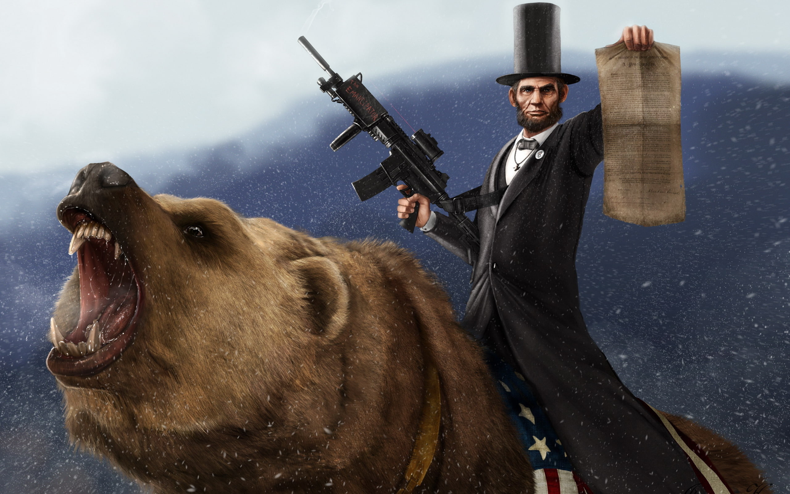 assault, domestic animals, government, 2K, anger, mammal, machine, adult, one animal, proclamation, snow, gun, weapon, handgun, man, illustration, Bear, HD Wallpaper