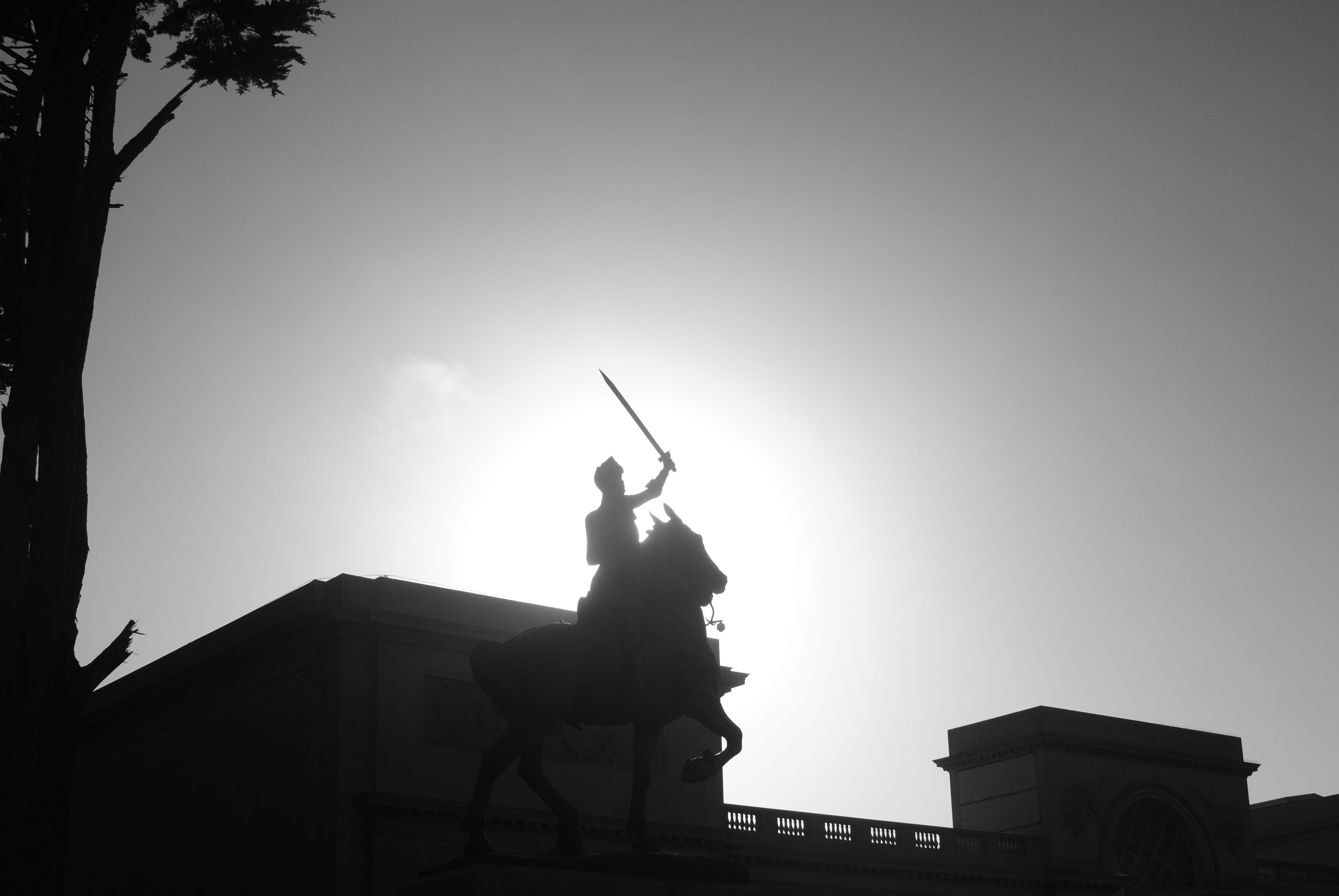 day, building exterior, copy space, backlit, sculpture, san francisco, art and craft, creativity, clear sky, horse, silhouette, history, sword, representation, HD Wallpaper