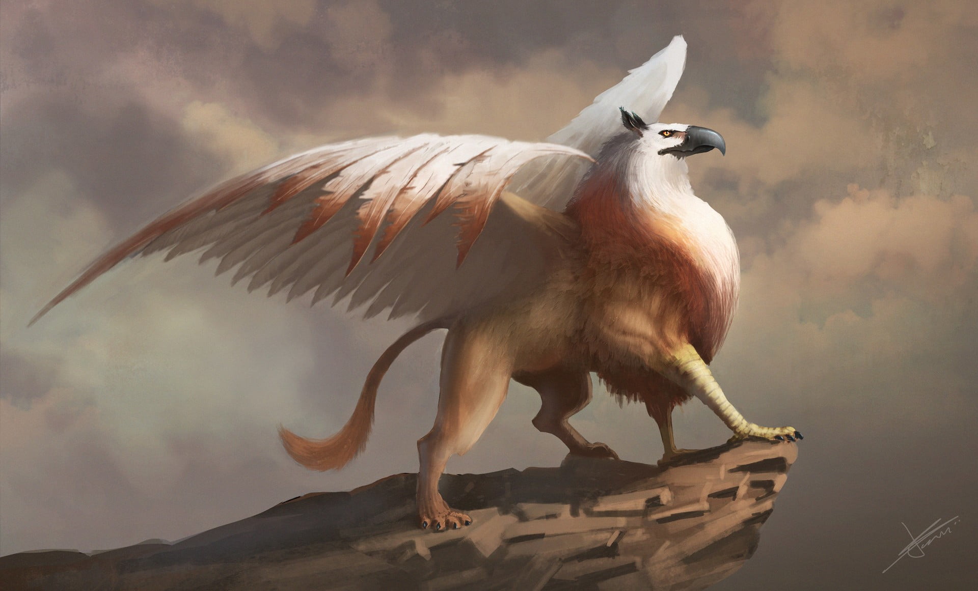 fantasy art, mammal, one animal, artwork, bird, spread wings, gryphon, vertebrate, standing, cloud - sky, outdoors, sky, animal wildlife, no people, day, HD Wallpaper