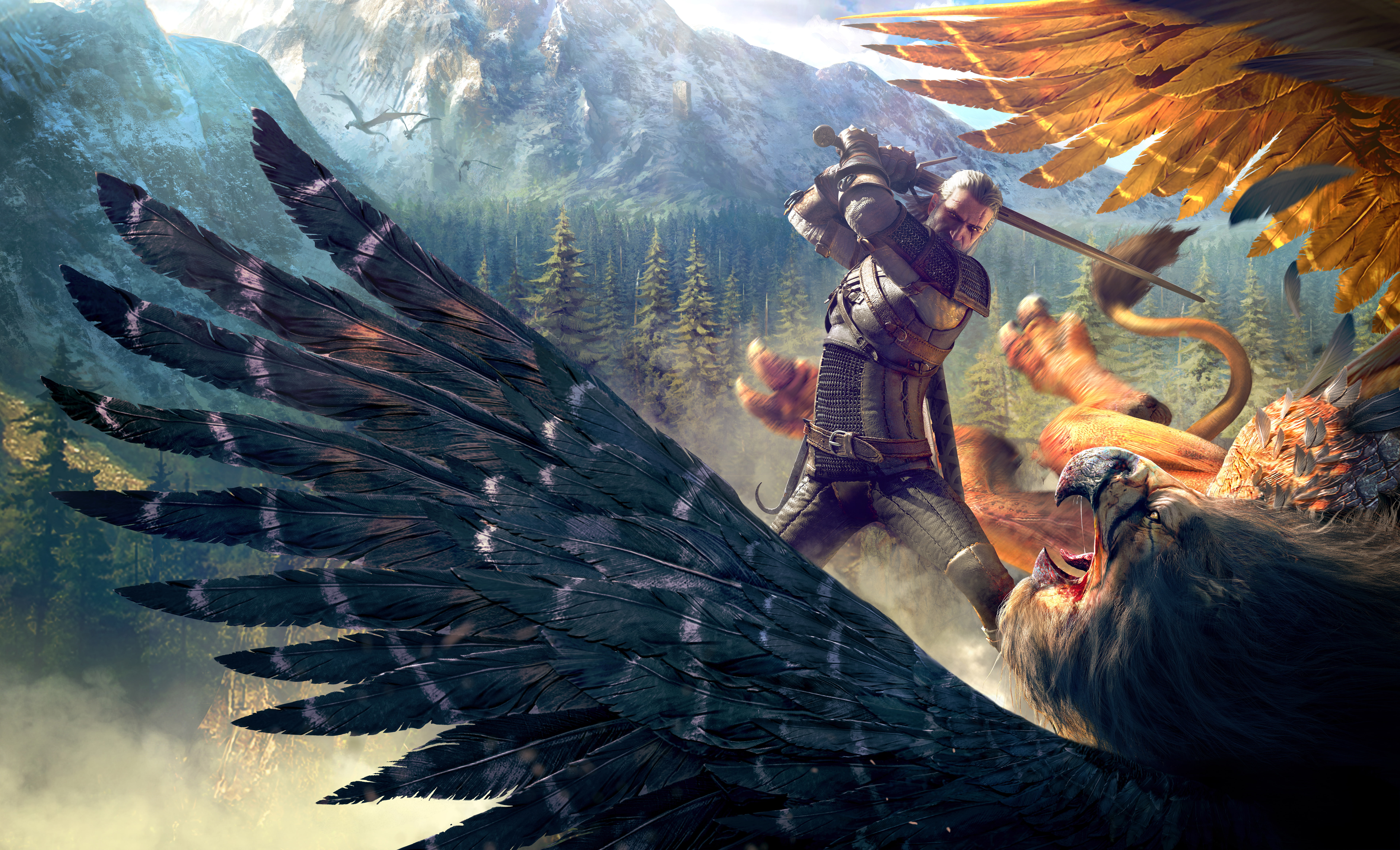 sea, Geralt, mouth open, mountain, The Witcher 3, animals in the wild, Griffin, nature, 8K, people, group of animals, Wild Hunt, vertebrate, adult, outdoors, HD Wallpaper