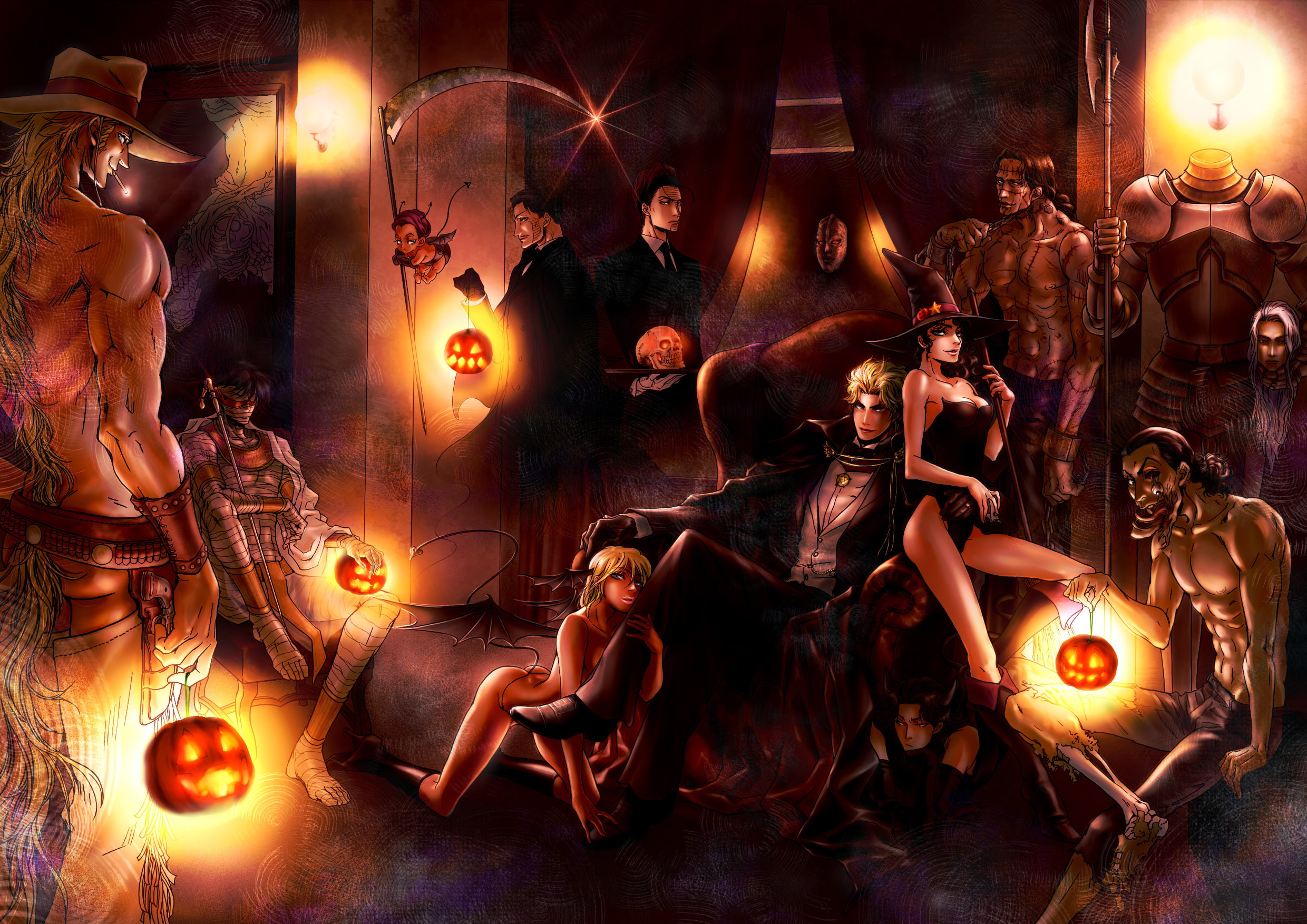 spirituality, art and craft, guys, religion, hat, belief, jojo no kimyou na bouken, sitting, group of people, real people, night, monsters, pumpkin, illuminated, HD Wallpaper