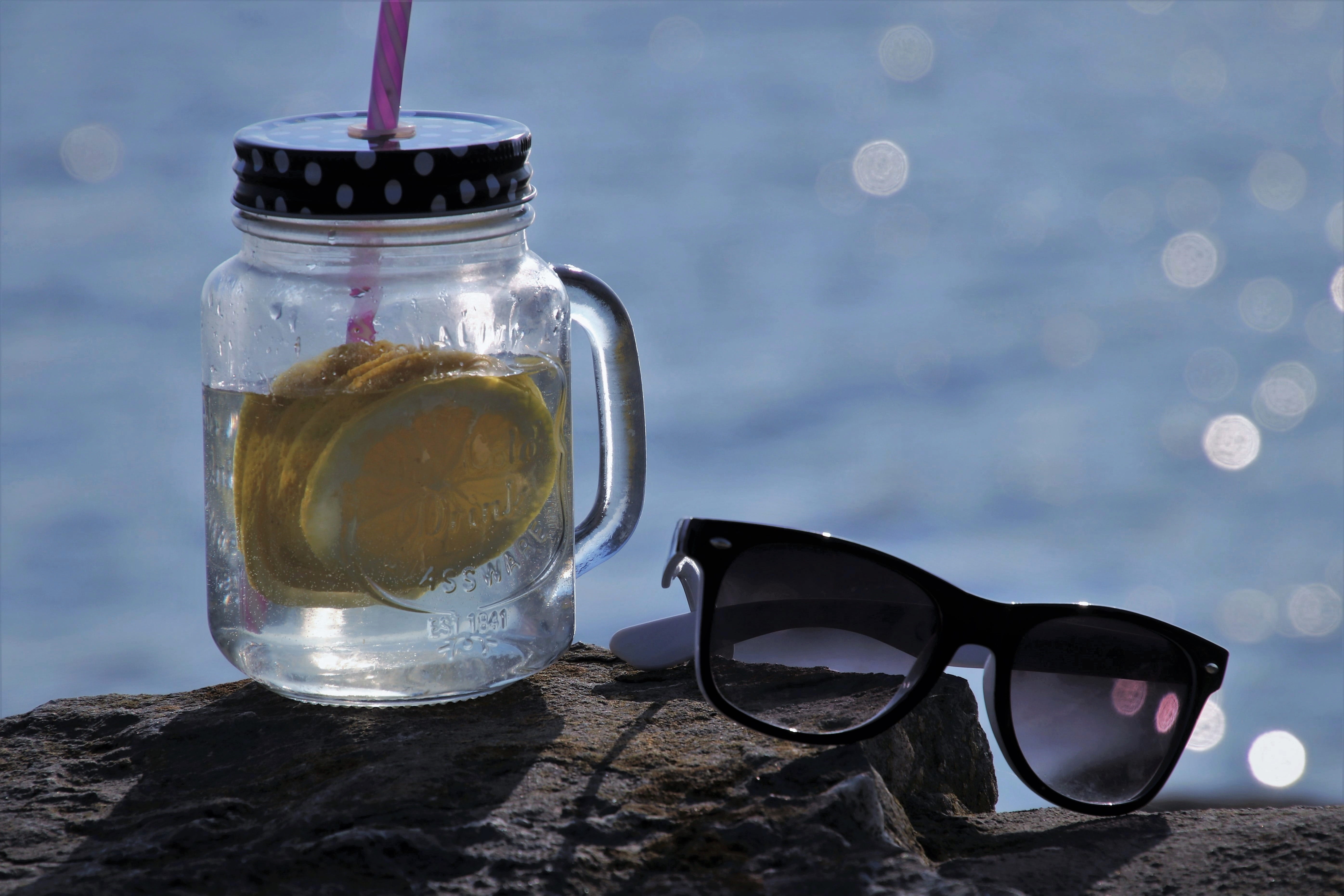 fashion, still life, table, liquid, refreshment, the drink, no people, rock, focus on foreground, personal accessory, sunglasses, mug, desire, 5K, nature, HD Wallpaper